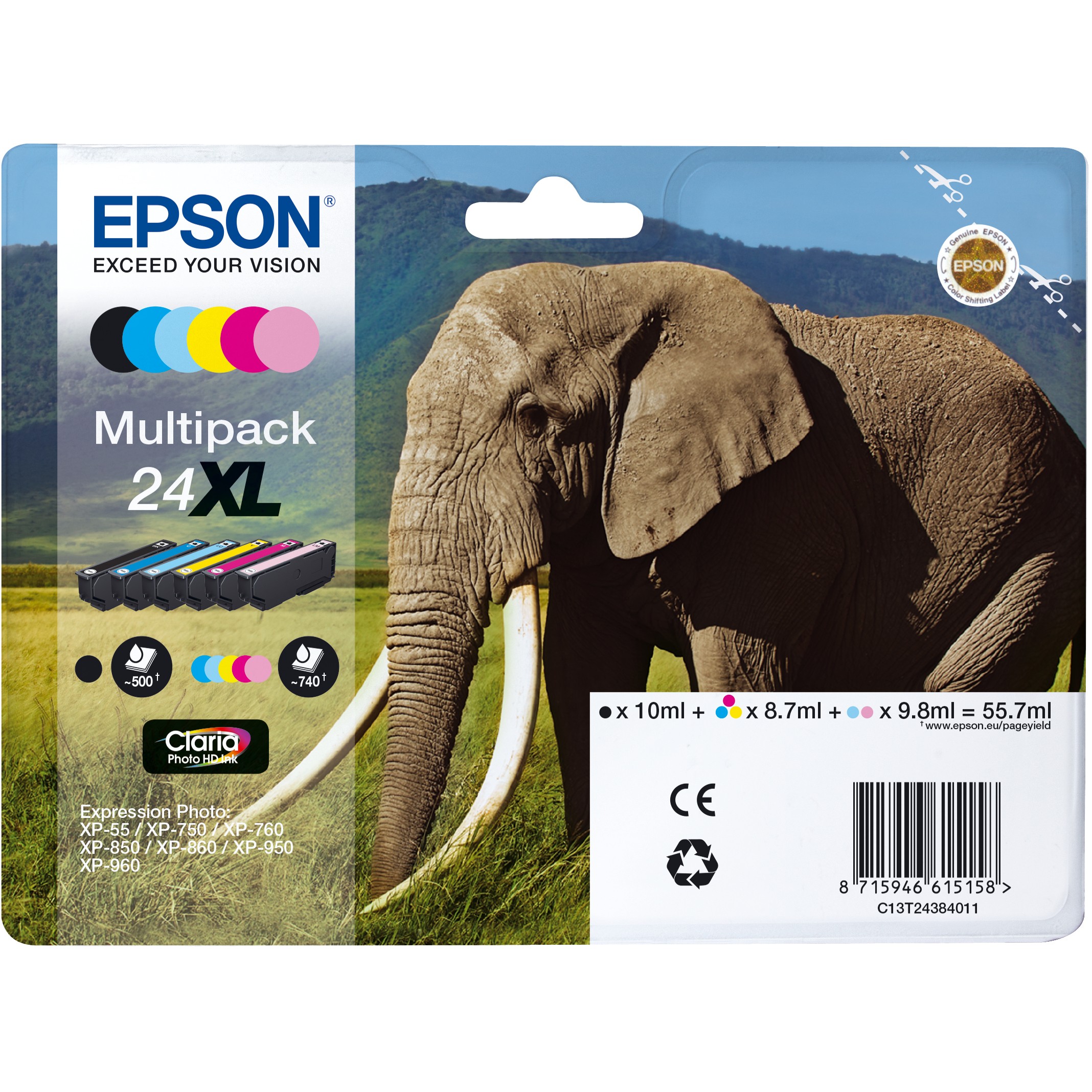 INK Epson 24XL Ink Cartridge Multipack C13T24384011 up to 740 pages – 6-pack (Zezë/ Rozë/Blu/ Verdhë/ Rozë e hapur /Blu e hapur )