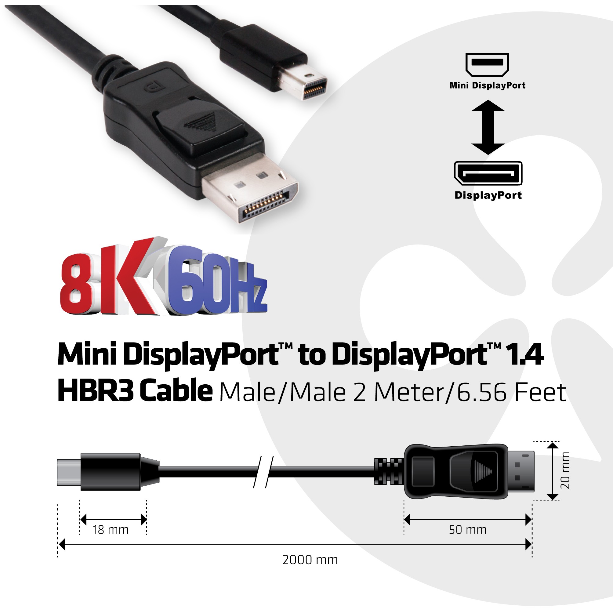 Kabllo Club3D Mini DisplayPort 1.4 ↔ DisplayPort 1.4 / St–St / 2m / 8K / 60Hz - Zezë - Figura 3