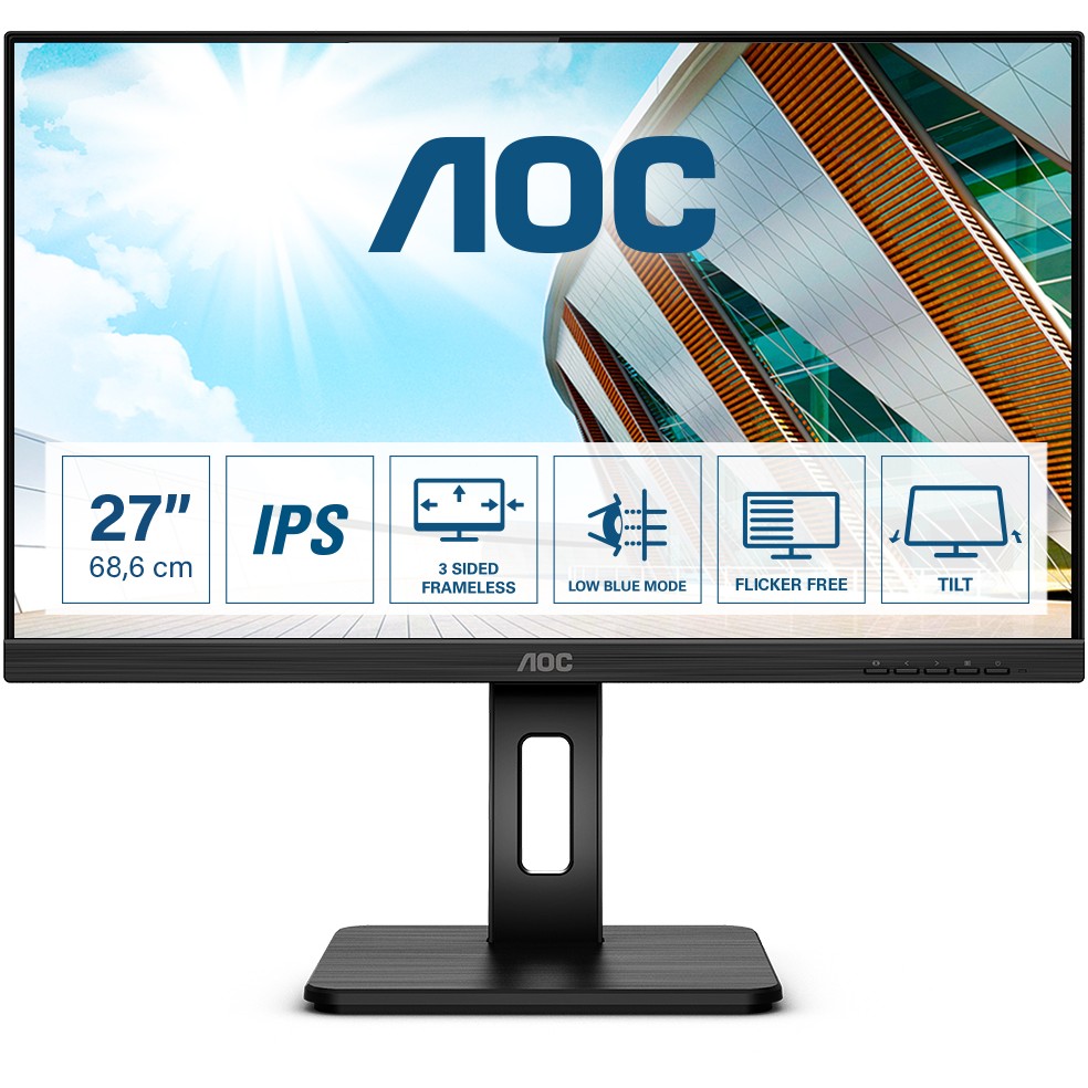 MonitoR AOC 68.6cm/27" (1920 x 1080) 27P2Q Full HD 4ms IPS HDMI VGA DVI DP USB 16:9 Black