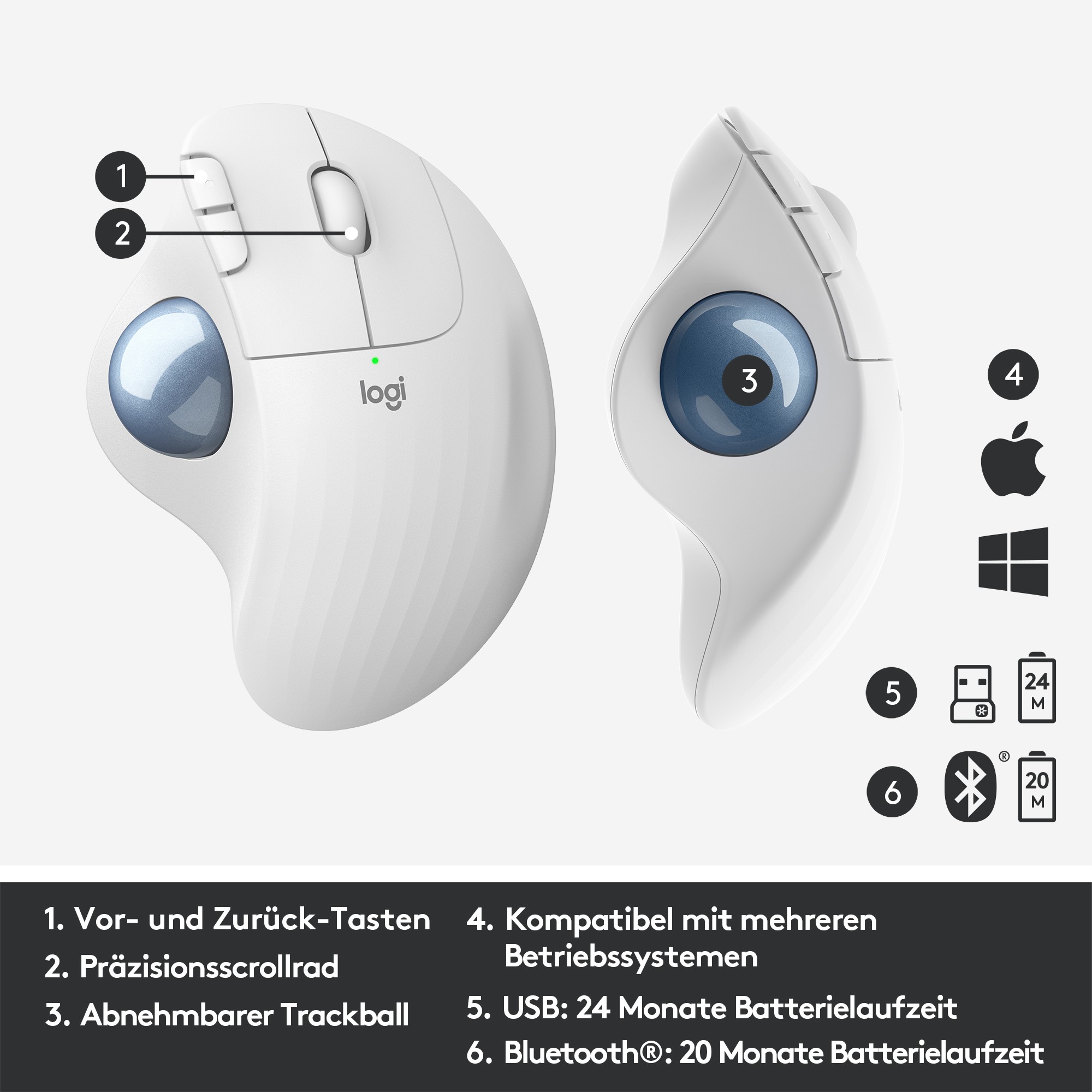 Maus pa kabllo Logitech M575 ERGO Wireless Trackball – Bardhë - Figura 3