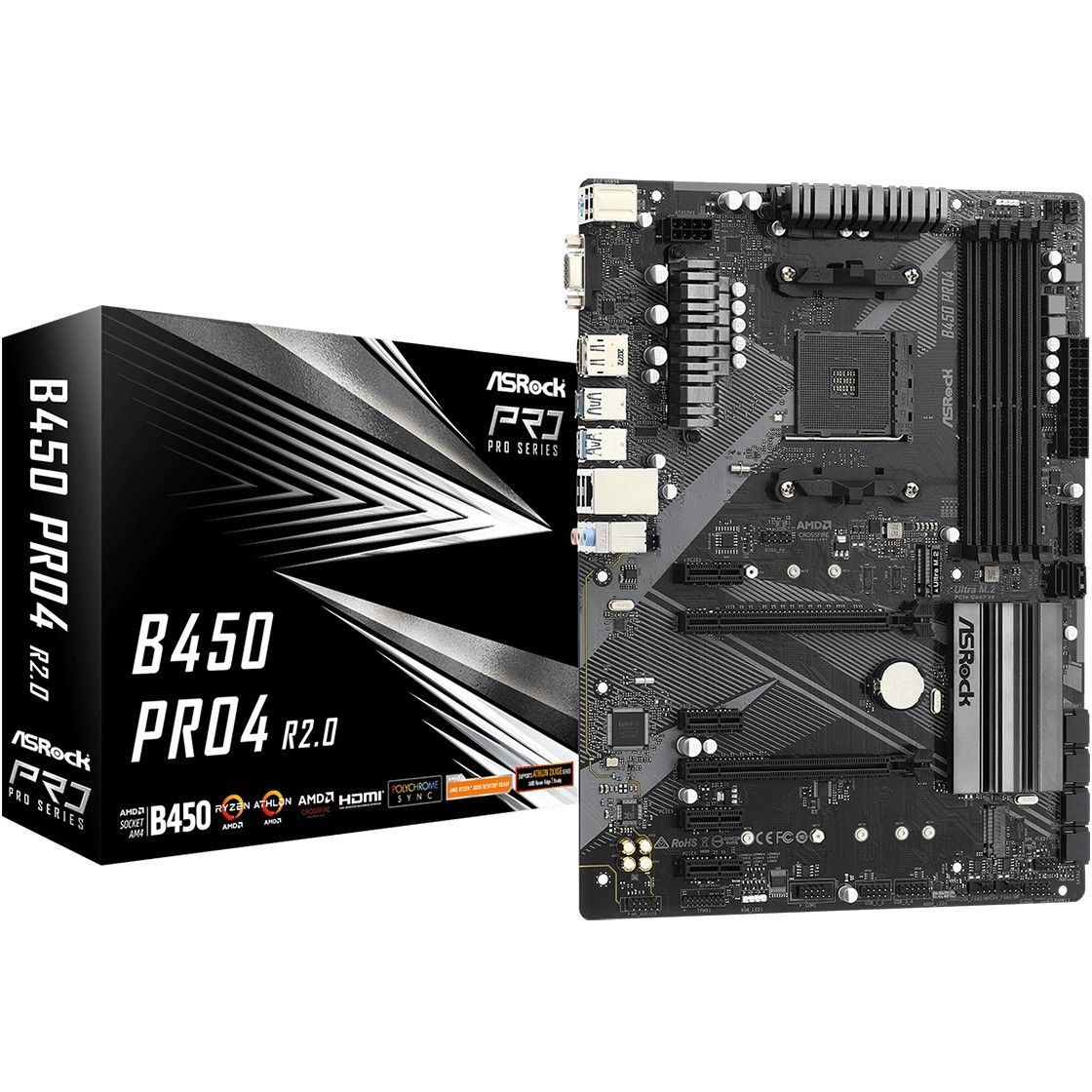 Pllakë Amë AMD AM4 ASRock B450 PRO4 R2.0 / DDR4 / ATX / HDMI+DP+VGA