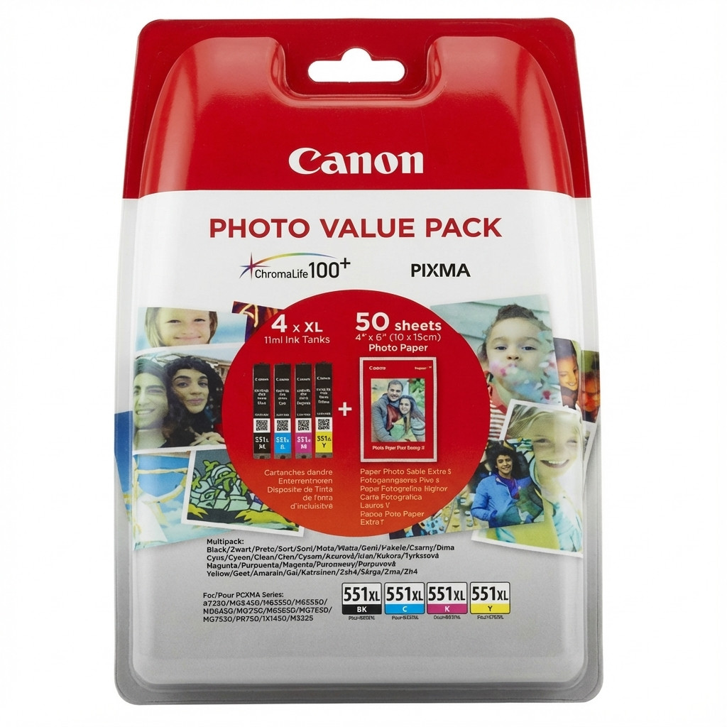 INK Canon CLI‑551XL 6443B006 – Zezë/Blu/Rozë/Verdhë + Letër Fotografike