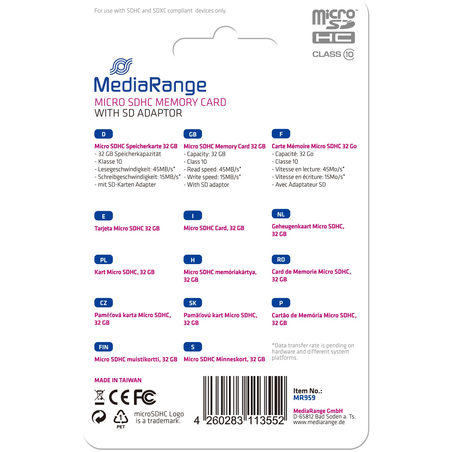 Kartë Memorie SD CARD 32GB MEDIARANGE MicroSDHC Class 10 45 MB/s 15 MB/s - Figura 2