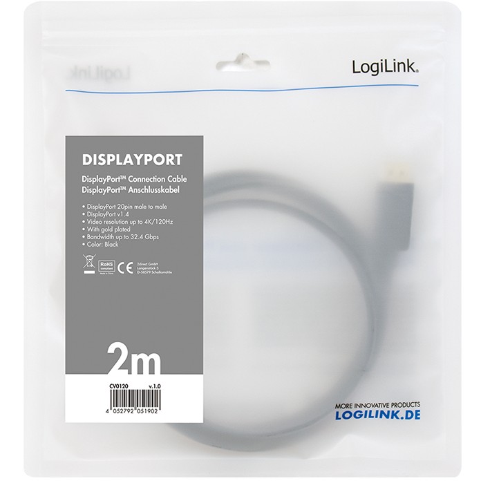 Kabllo DisplayPort 1.4 LogiLink / ST-ST / 2m / 8K 60Hz - Zezë - Figura 5