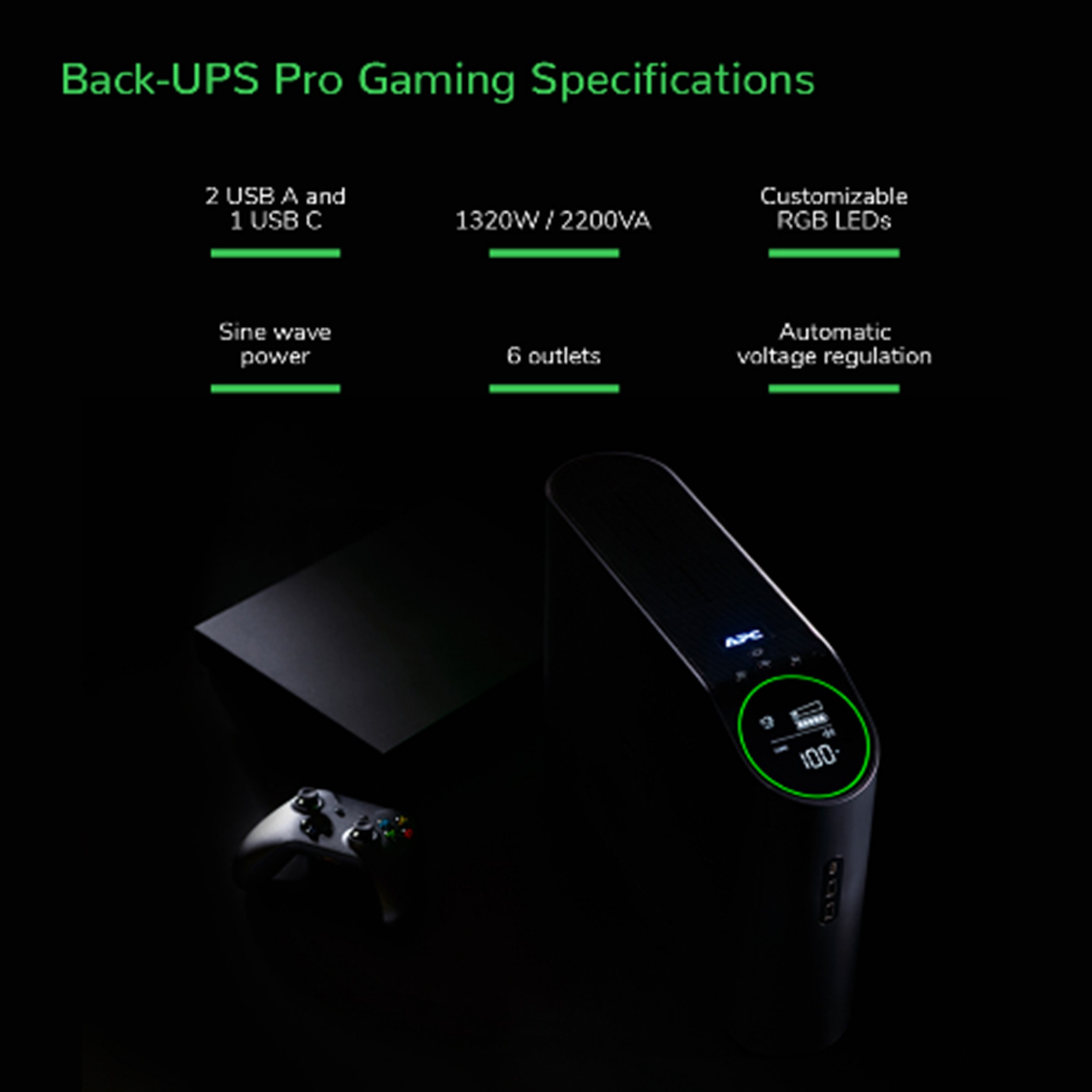 APC Back-UPS Pro BGM2200B-GR – 2200VA / 1320W Line-Interactive UPS me AVR, Pure Sine Wave, RGB Lighting, USB dhe Schuko + IEC Outlets – Zezë - Figura 3