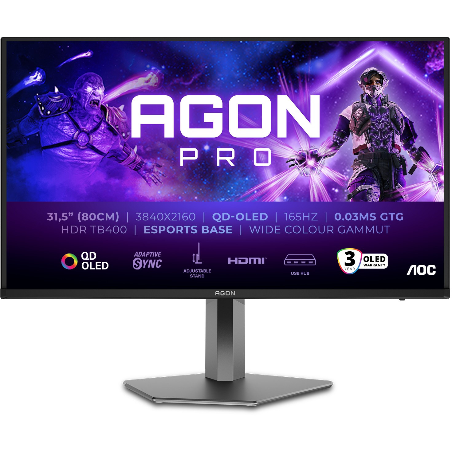 Monitor AOC AGON PRO AG326UD / 31.5″ / 4K UHD / QD-OLED / 165Hz / 0.03ms / HDMI 2.1 + DP + USB / E zezë - Figura 2