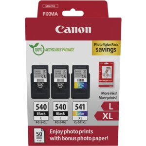 Toner Canon Tinte PG-540L/CL-541XL 5224B015 3er Multipack (2xBK/Color) inkl. Fotopapier
