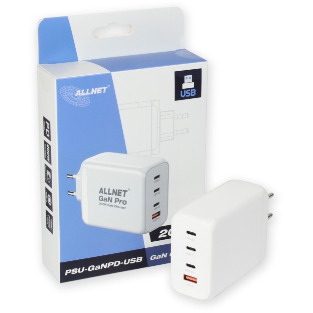 Adapter ALLNET NET Z Ersatznetzteil QC USB-C PD GaN Netzteil Power Supply 200Watt 1x USB Typ-A QC 3x USB Typ-C **EU PLUG**