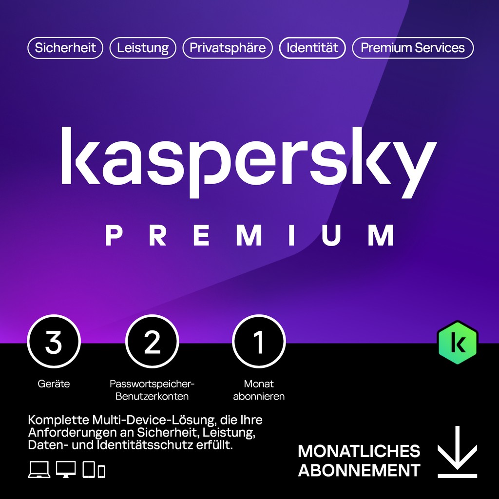 Software për Siguri Kaspersky Premium – 3 Devices. 1 Month - Subscription (ABO) – ESD-DownloadESD