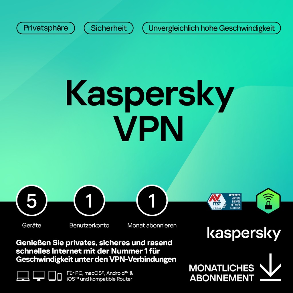 Software për Siguri Kaspersky Secure Connection – 1 User. 5 Device. 1 Month - Subscription (ABO) – ESD-DownloadESD