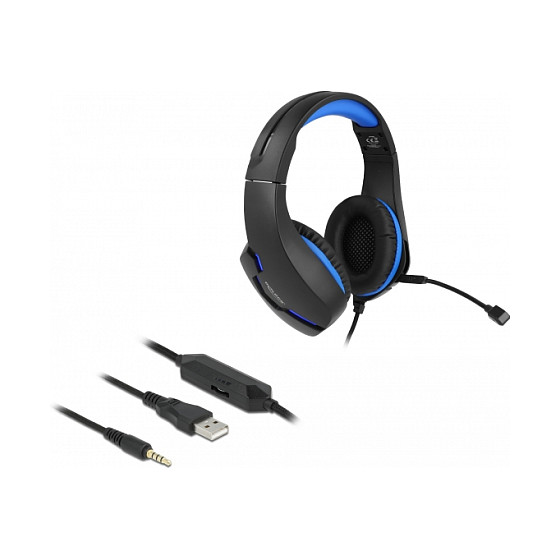 Kufje Gaming DeLock Over-Ear me 3.5mm Jack dhe LED blu për PC/Console - Zezë