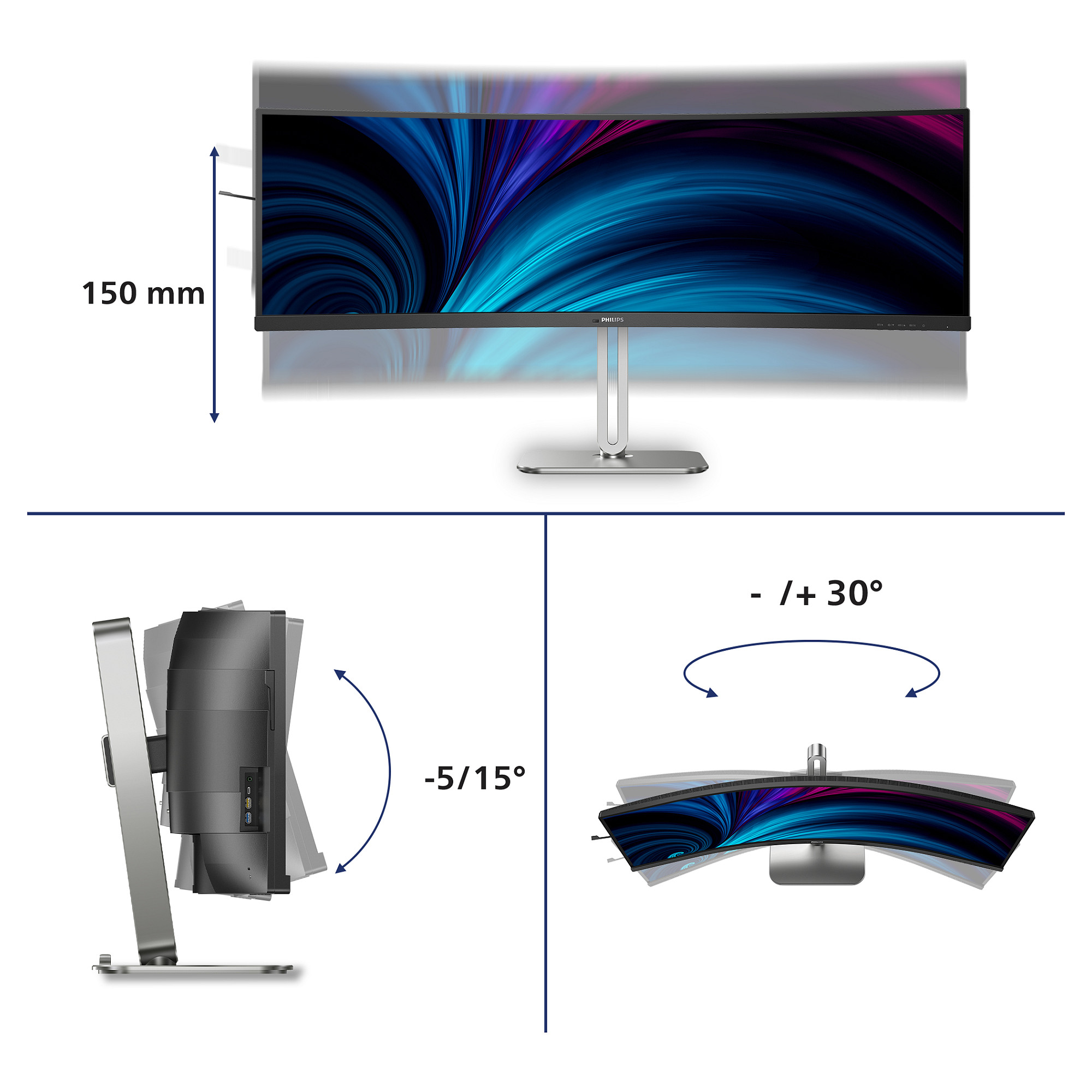 Monitor Philips 49B2U5900C/00 / 49"/ Dual QHD VA LCD Curved / 75Hz / 4ms / HDMI+DP+USB-C -Zezë/Argjendi - Figura 3