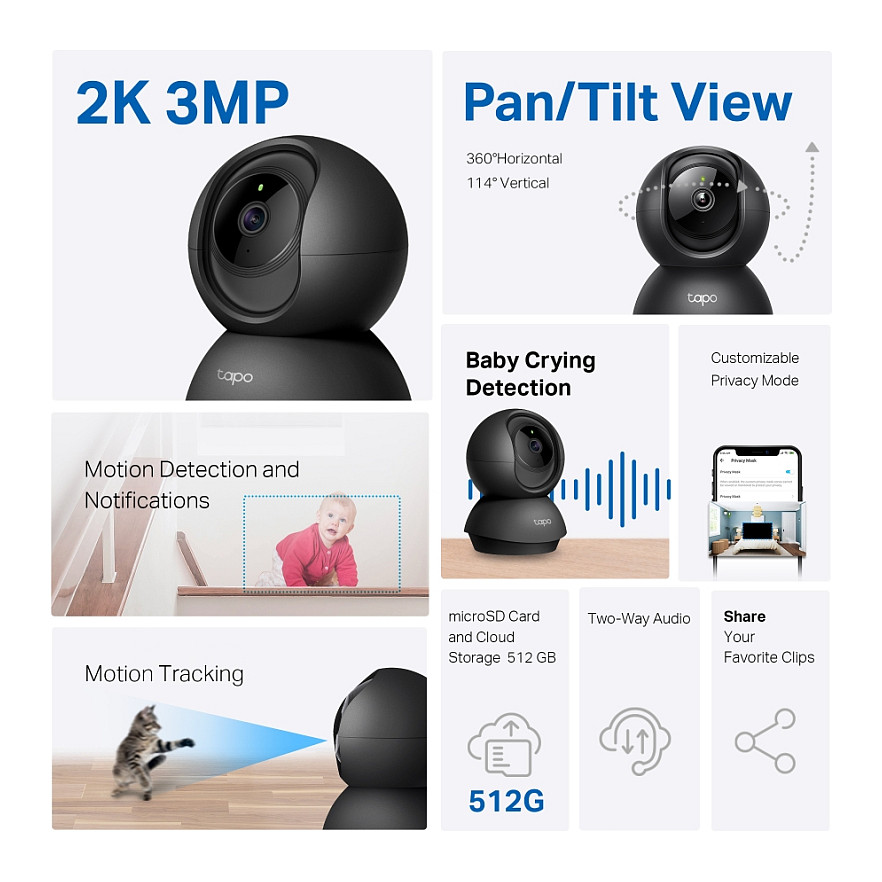 Kamera për monitorimin e fëmijëve TP-Link Tapo C211 Pan/Tilt Home Security Wi-Fi 360° 2K (3MP) - Zezë - Figura 3