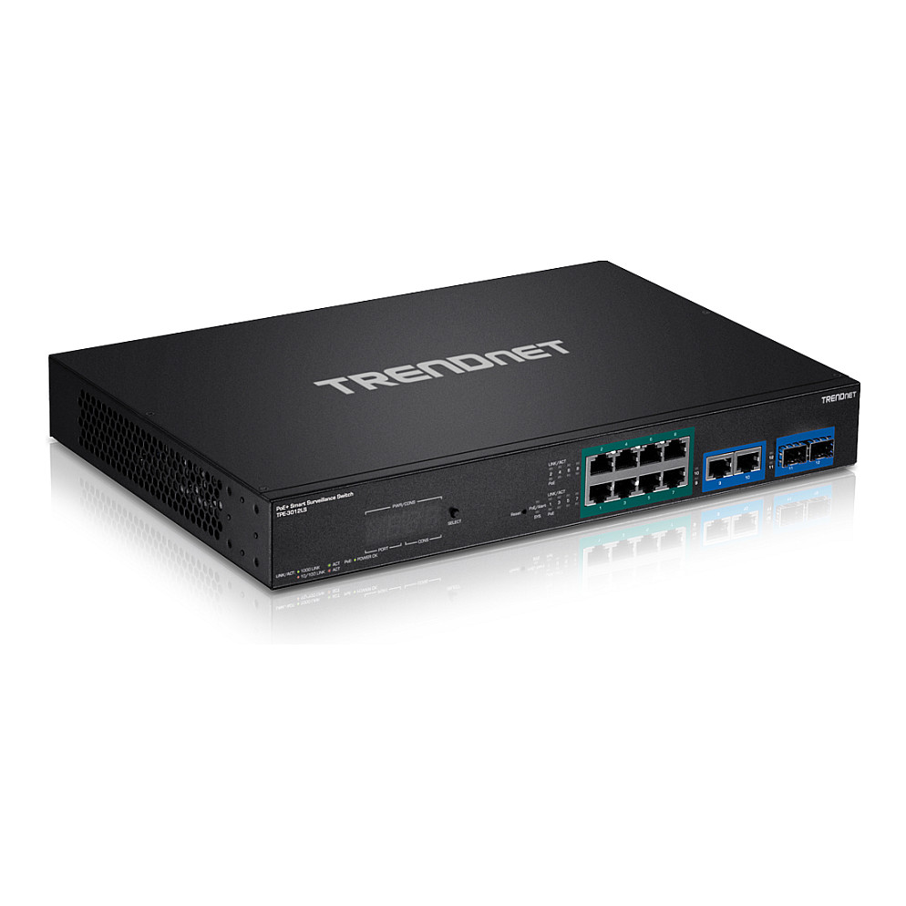 TRENDnet TPE-3012LS 12-Port Gigabit PoE+ Smart Surveillance Switch 110W 2x SFP Web Managed Rackmount