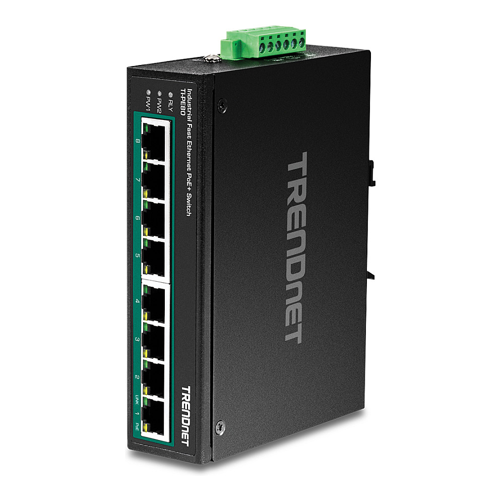 TRENDnet TI-PE80 8-Port Fast Ethernet PoE+ Industrial Switch 200W DIN-Rail Unmanaged