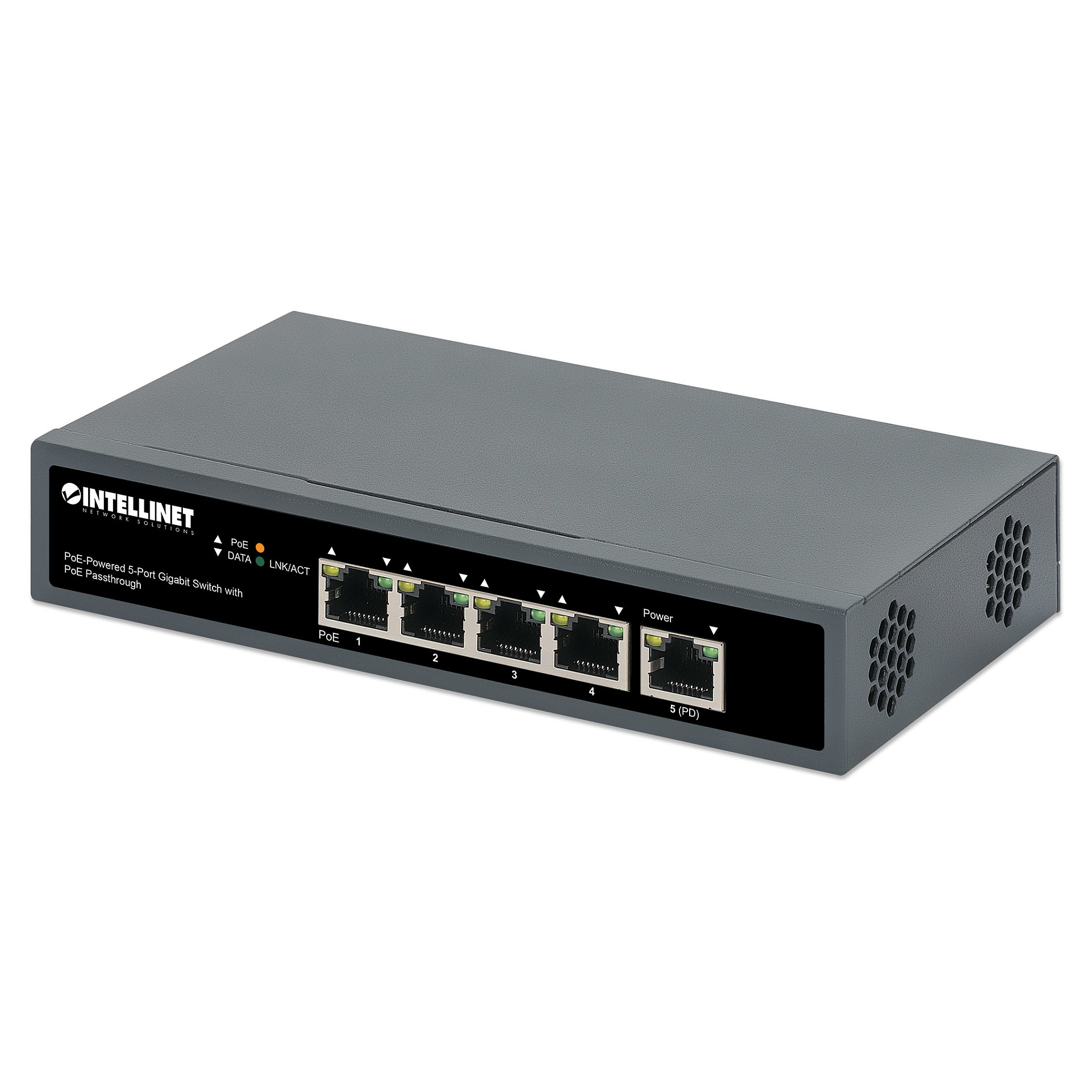 Intellinet 5-Port Gigabit PoE Powered Switch PoE Passthrough Unmanaged 802.3af/at