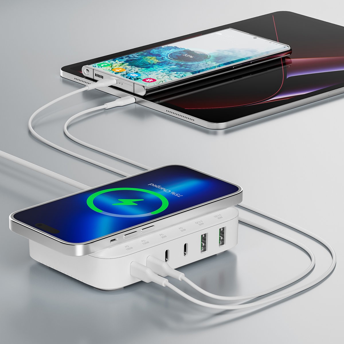 Charging Station 4smarts 7‑në‑1 GaN 100W me Karikues Wireless – Bardhë - Figura 3