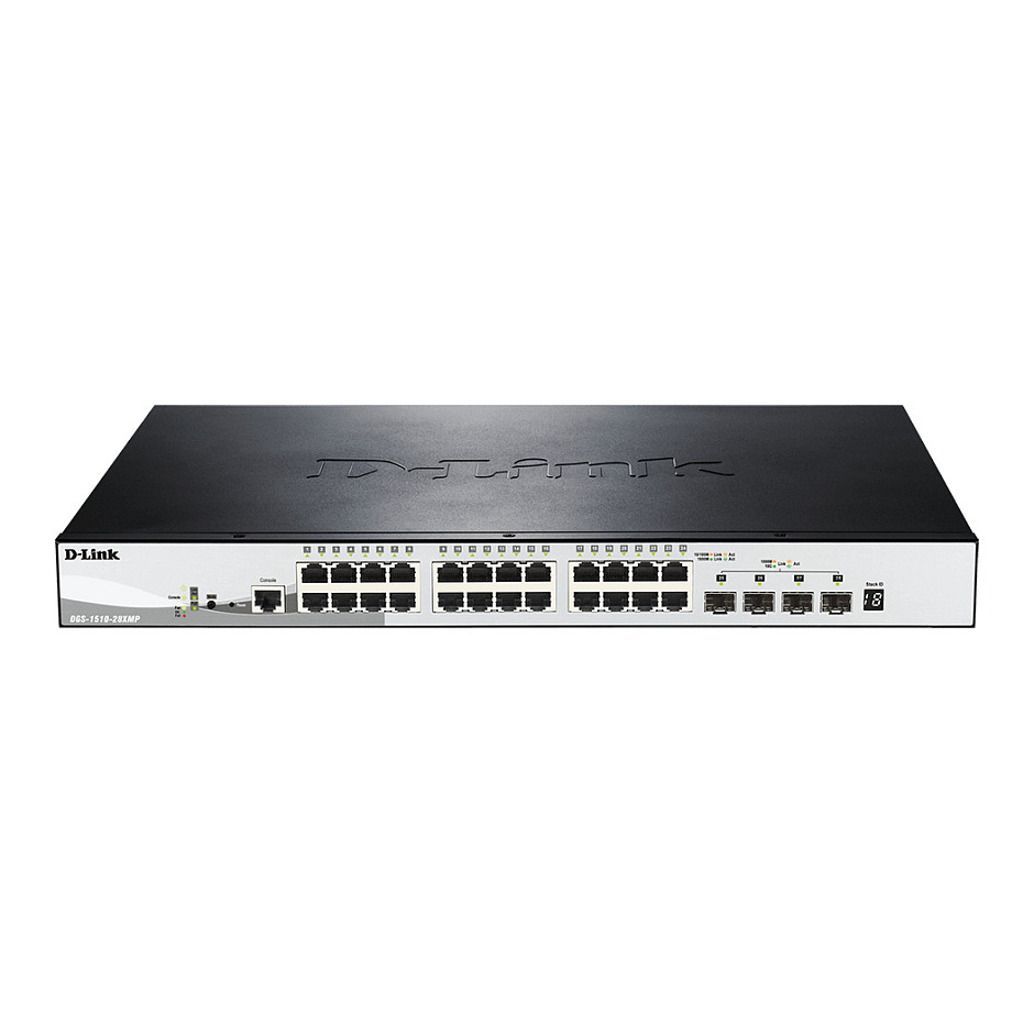 D-Link DGS-1510-28XMP/E 28-Port Gigabit Smart Managed PoE+ Stackable Switch with 24x PoE+, 4x10G SFP+ Uplink & 370W PoE Budget