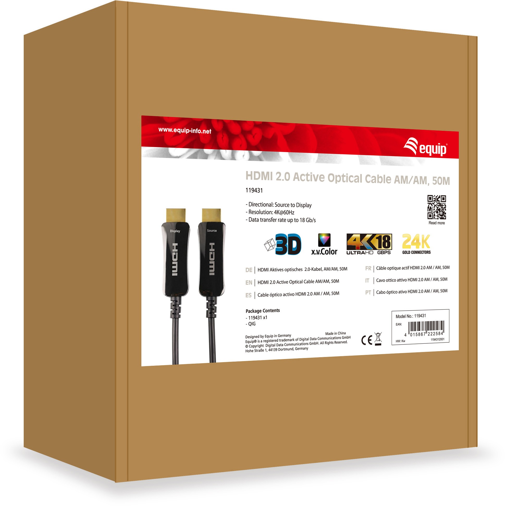 Kabllo HDMI Equip 2.0 A-A (St/St) 50.0m / 4K/60Hz / HDR / me Ethernet / Optike – Zezë - Figura 4