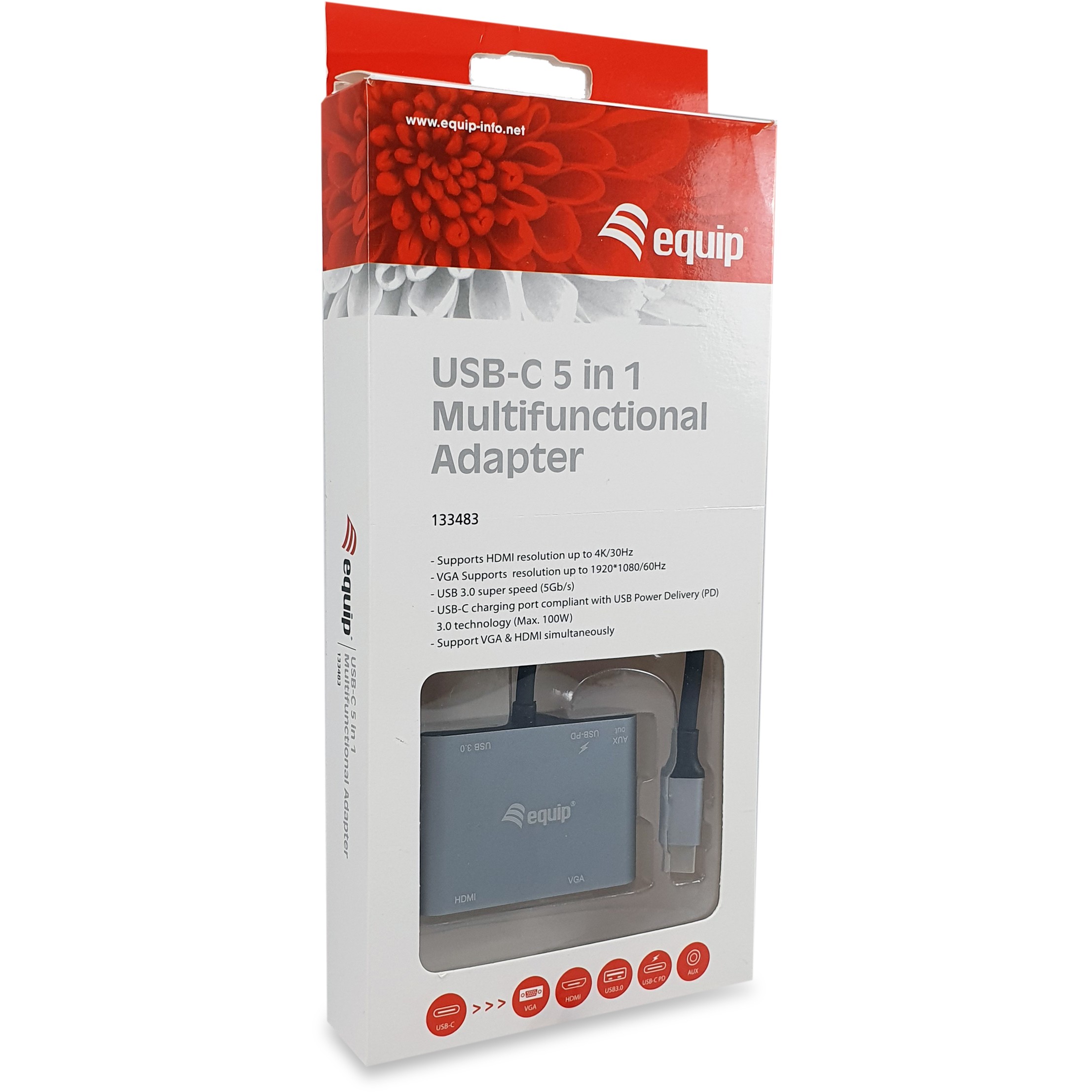 Docking Station Equip USB-C / HDMI / VGA / USB 3.0 / AUX / 100W PD / Kabllo 15cm - Zezë - Figura 4
