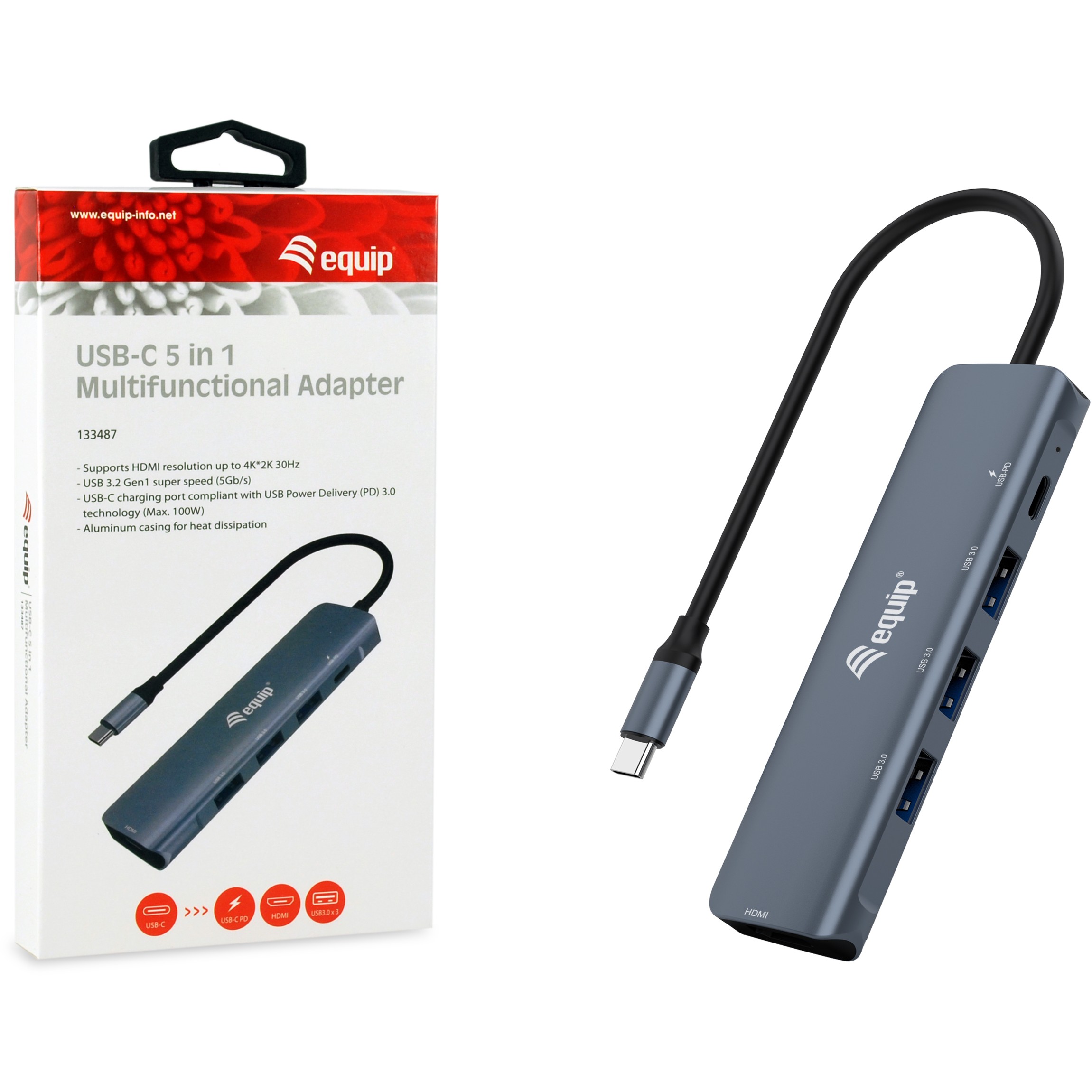 Docking Station Equip USB-C / HDMI / 3x USB 3.0 / 100W PD / Kabllo 25cm - Hiri - Figura 3