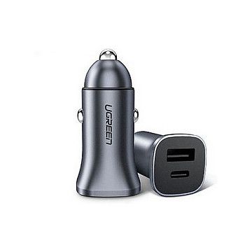 Adapter telefoni për vetura UGREEN USB‑C PD + USB‑A QC / 24W – Gri