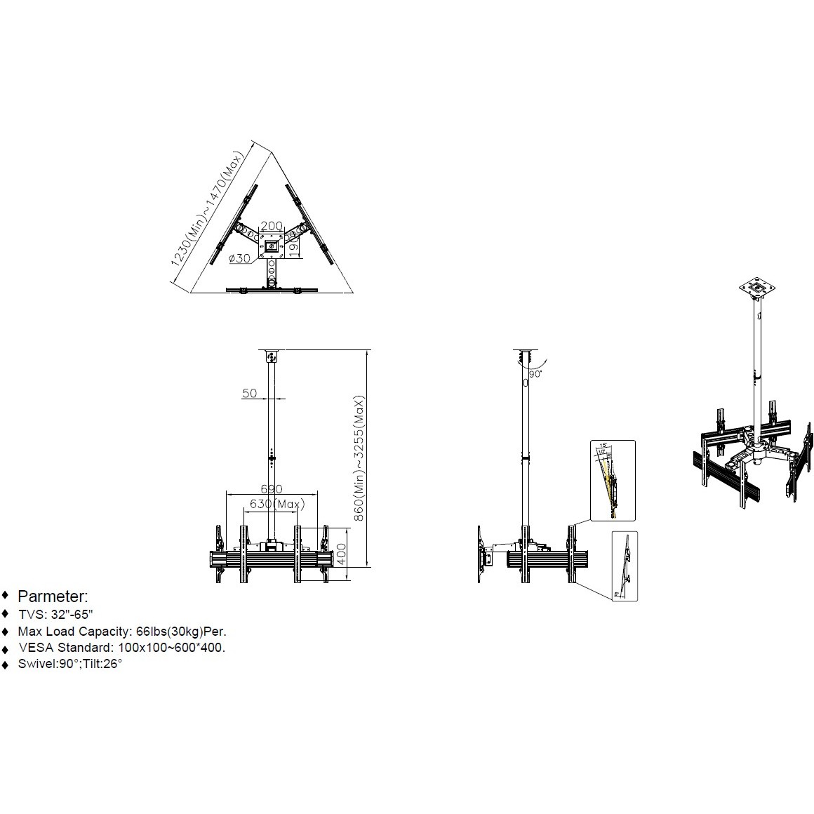 Mbajtëse për TV Equip Deckenhalterung / 32″–65″ / 3 TFT / 30 kg / 2 Gelenke - Zezë - Figura 5