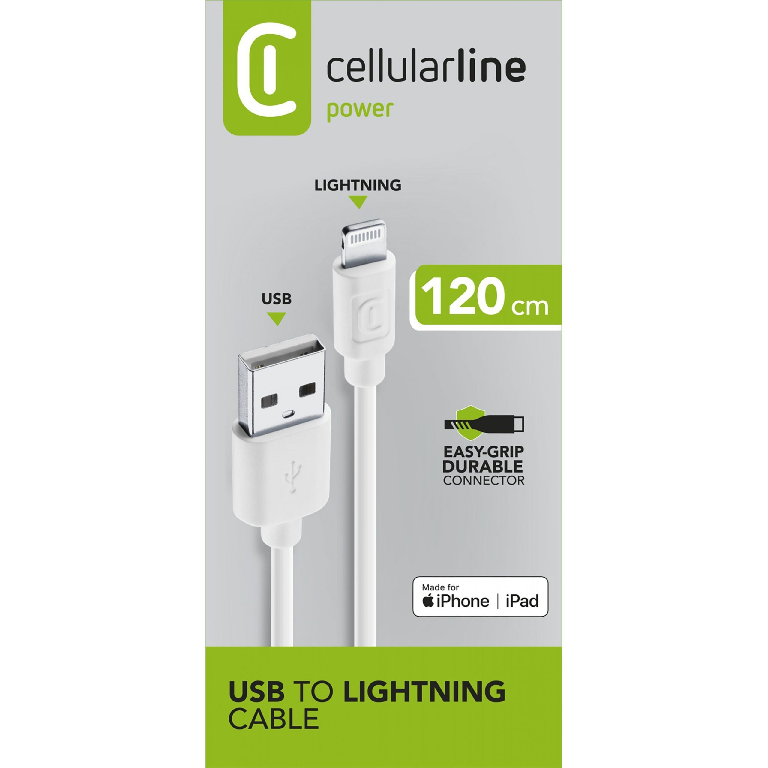 Kabllo USB Cellularline Power Data Cable 1.2m USB-A / Lightning - Bardhë