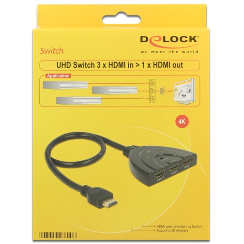 Kabllo HDMI Switch DELOCK – 3 x HDMI In > 1 x HDMI Out / 4K UHD / Integrated Cable 50 cm - Figura 2