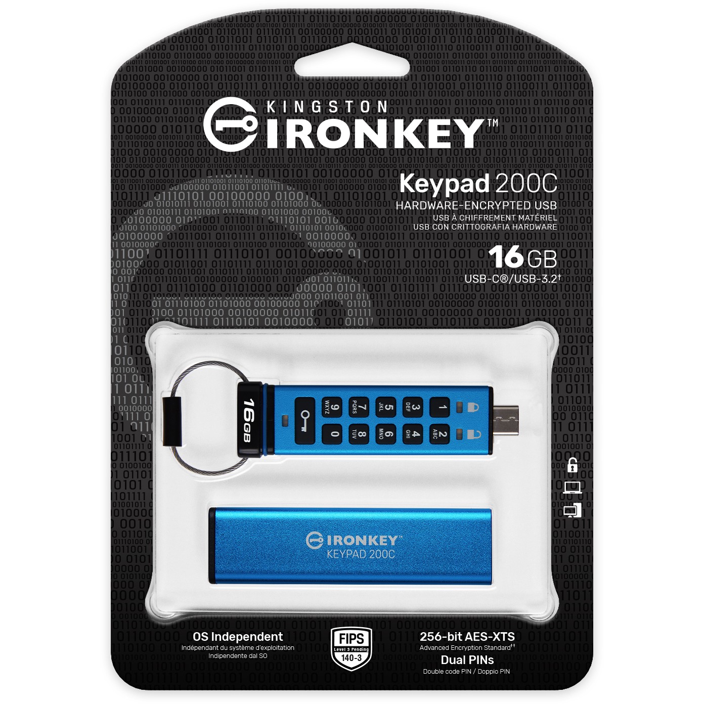 USB Flash Drive STICK 16GB Kingston IronKey Keypad 200C AES-256 USB-C - Blu - Figura 3