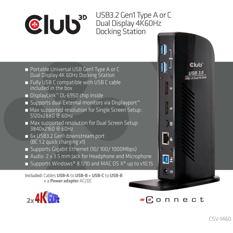 Docking station Club3D / 4K / 60Hz / USB3 / 6xUSB3 / 2xDP / LAN / Audio – Zezë - Figura 4