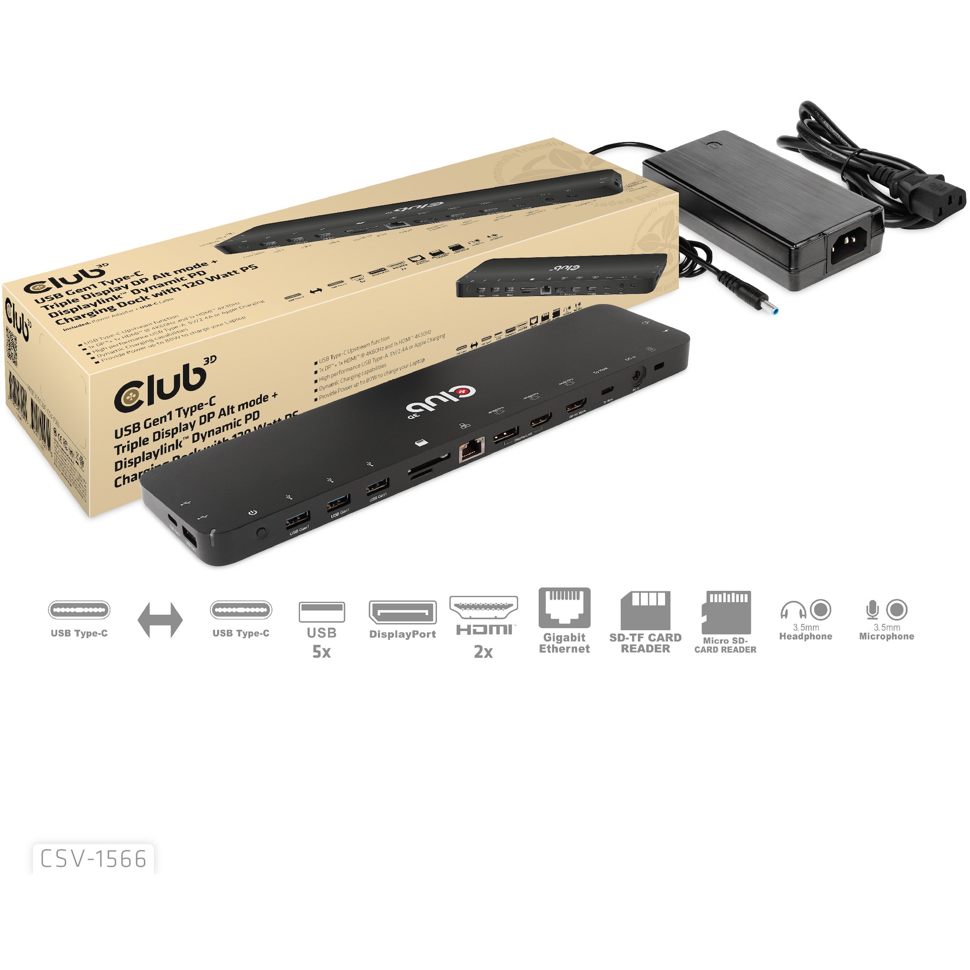 Docking Station Club3D USB-C / 6x USB 3.0 / DisplayPort / 2x HDMI / LAN / 4K / 120W - Zezë