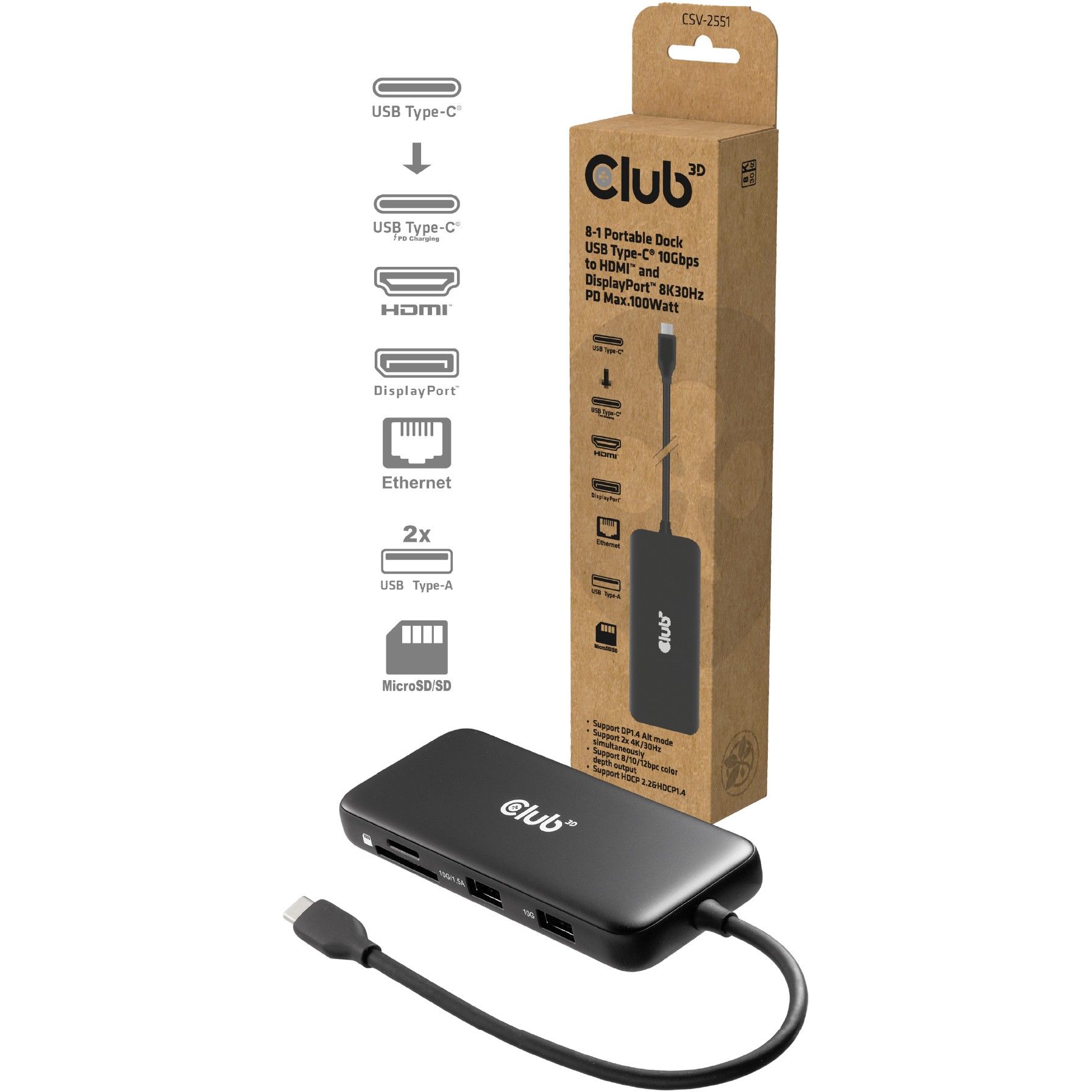 Club3D USB‑C 8‑in‑1 HUB → DP 1.4 / HDMI 2.0 / USB‑C / LAN / 8K30Hz / PD 100W - Figura 2