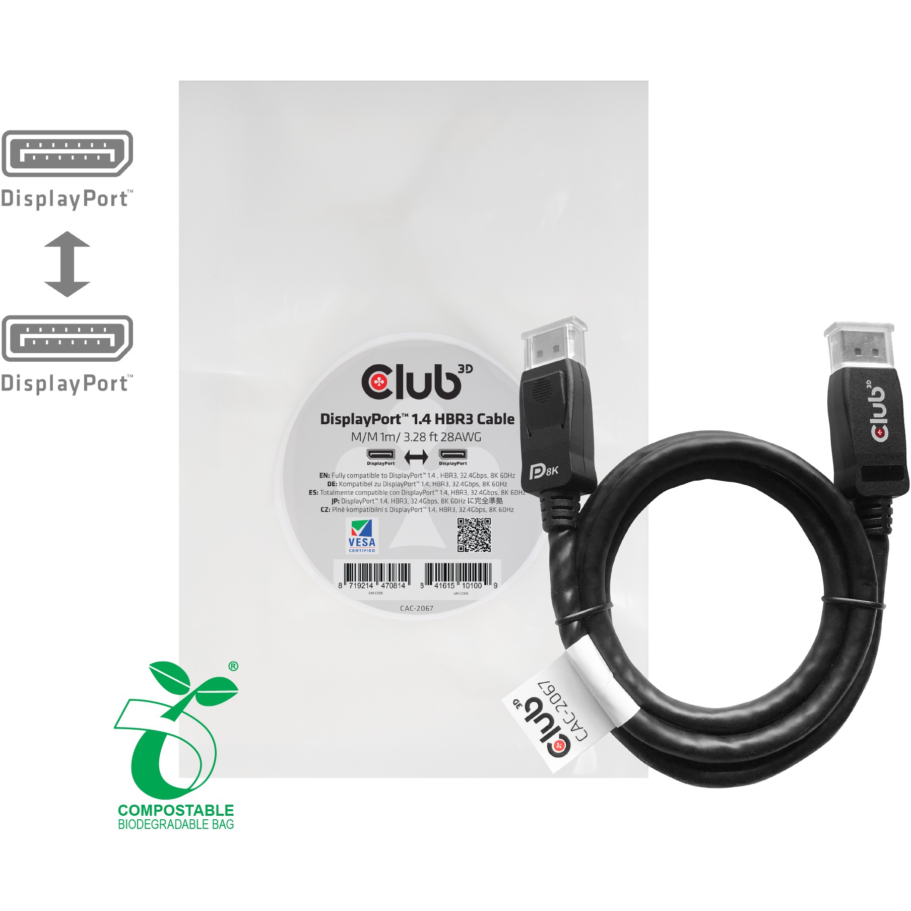 Kabllo DisplayPort Club3D / DP 1.4 HBR3 / 32.4Gb/s / DP Plug → DP Plug / 8K / 60Hz / 1.0m - Zezë - Figura 2