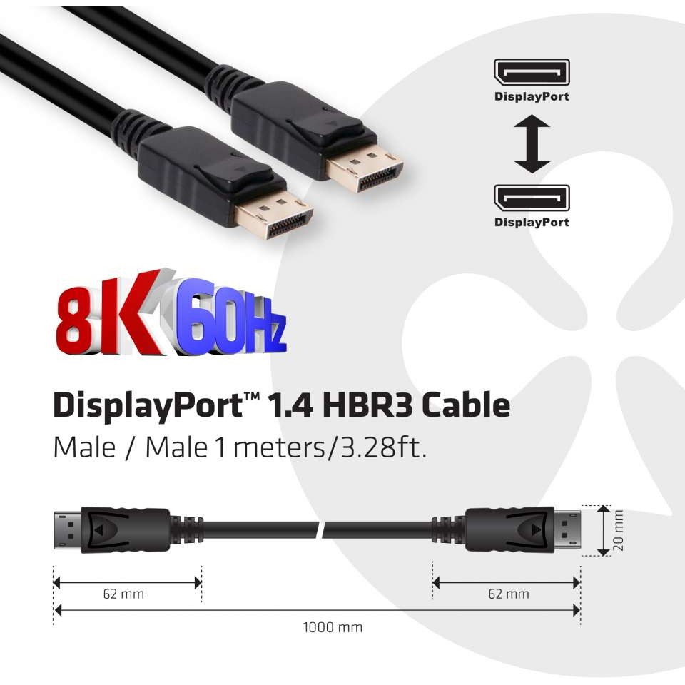 Kabllo DisplayPort Club3D / DP 1.4 HBR3 / 32.4Gb/s / DP Plug → DP Plug / 8K / 60Hz / 1.0m - Zezë - Figura 5