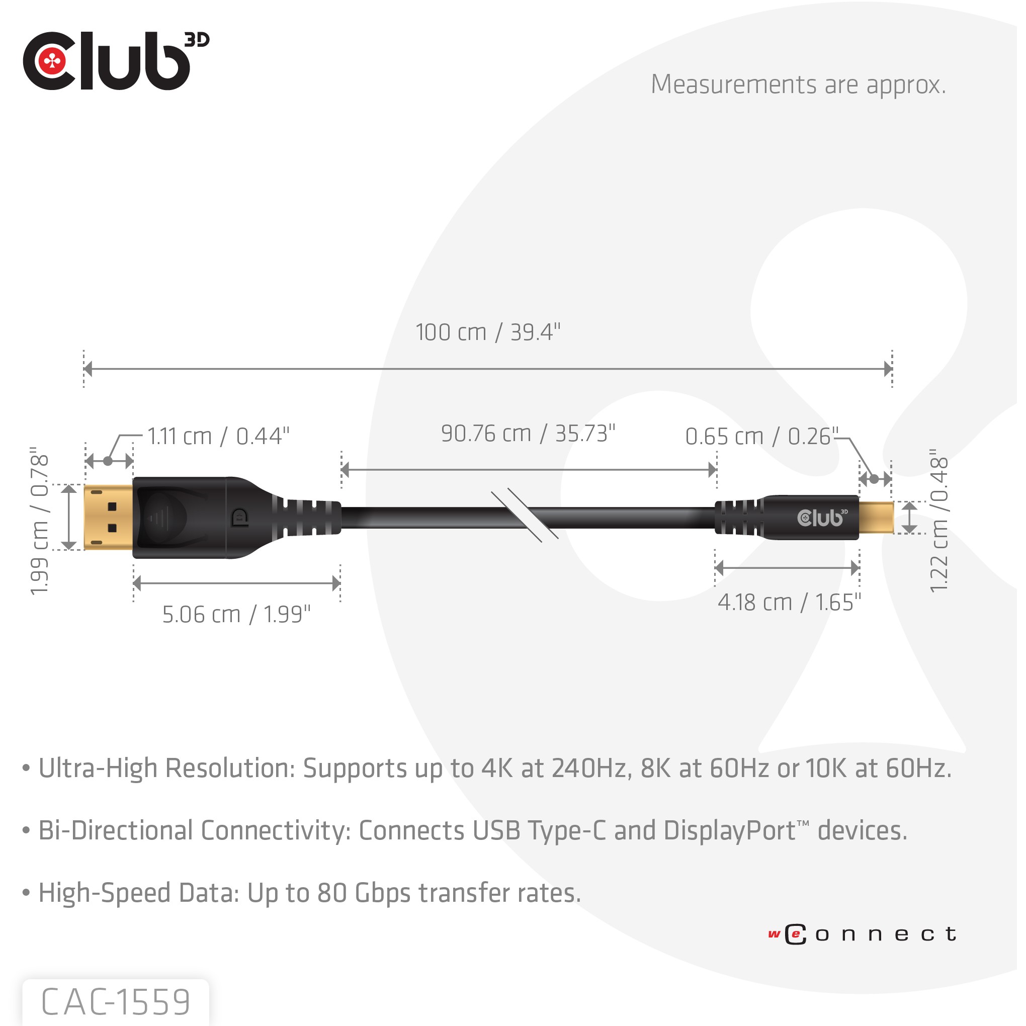 Kabllo Club3D USB‑C ↔ DisplayPort 2.1 / 1.0m / 10K60Hz - Zezë - Figura 3
