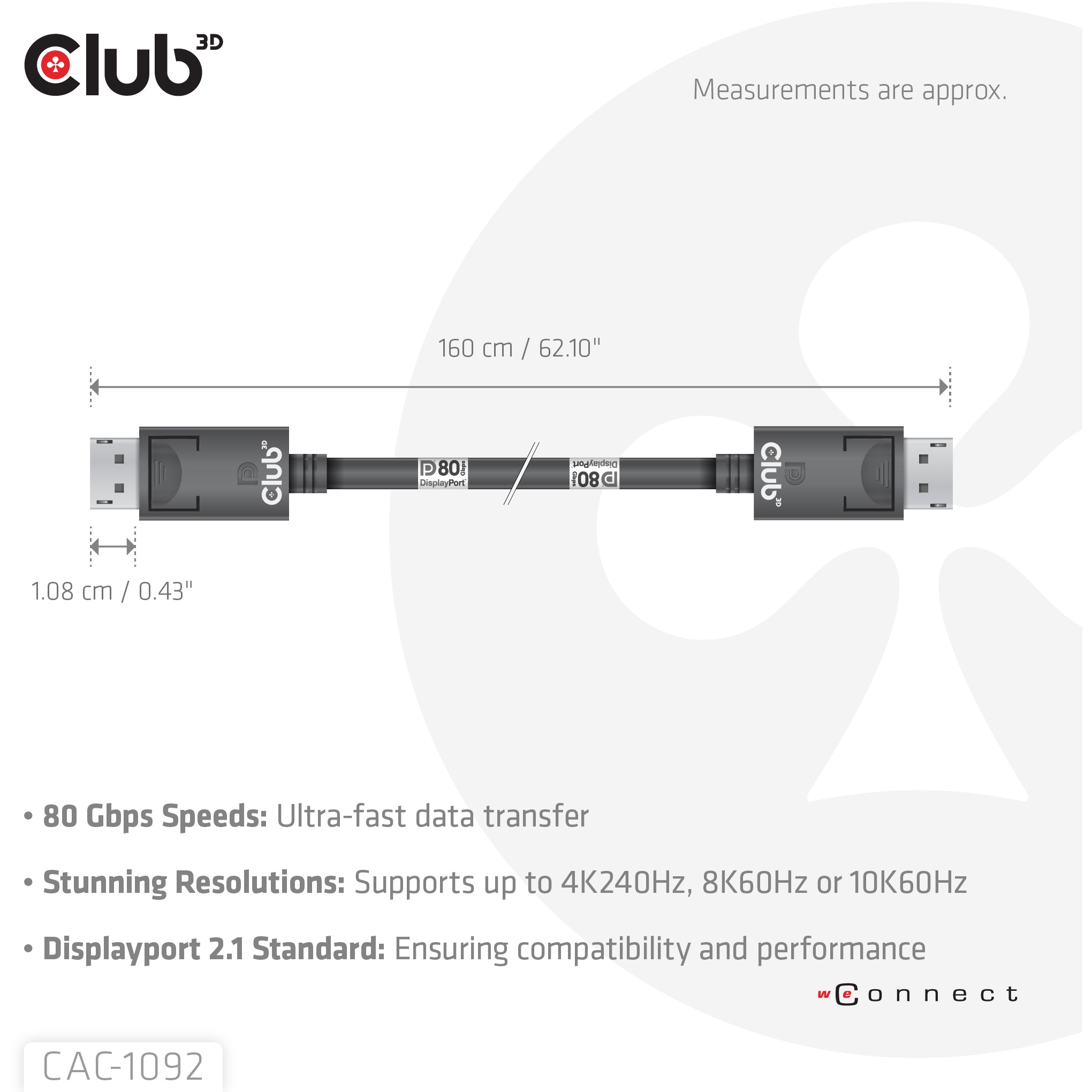 Kabllo DisplayPort Club3D / DisplayPort 2.1 / DP80 i certifikuar / 1.6m / 10K–8K–4K / St/St - Zezë - Figura 4