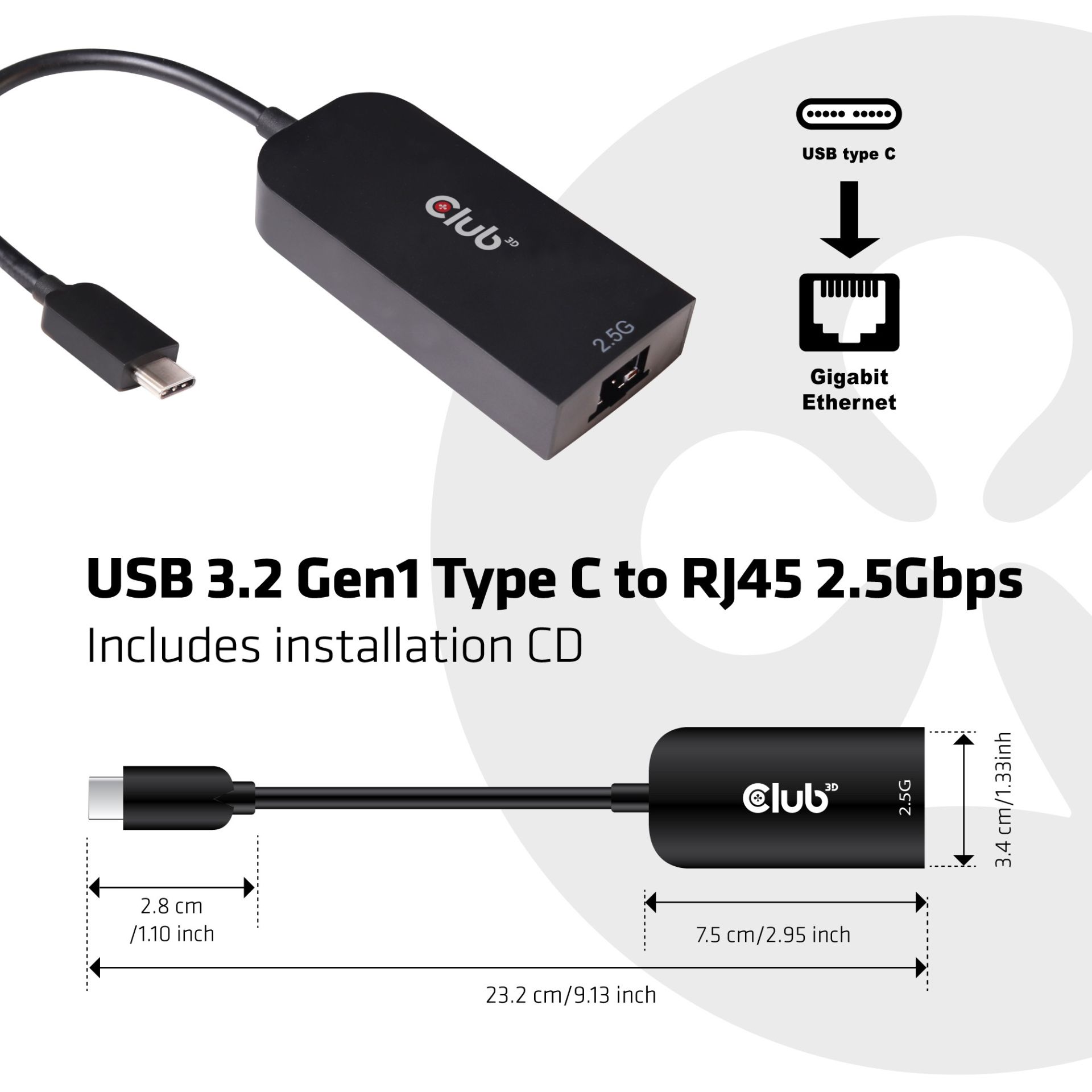 Club3D Adapter USB 3.2 Type‑C → RJ45 / 2.5Gb / St–Bu - Figura 2