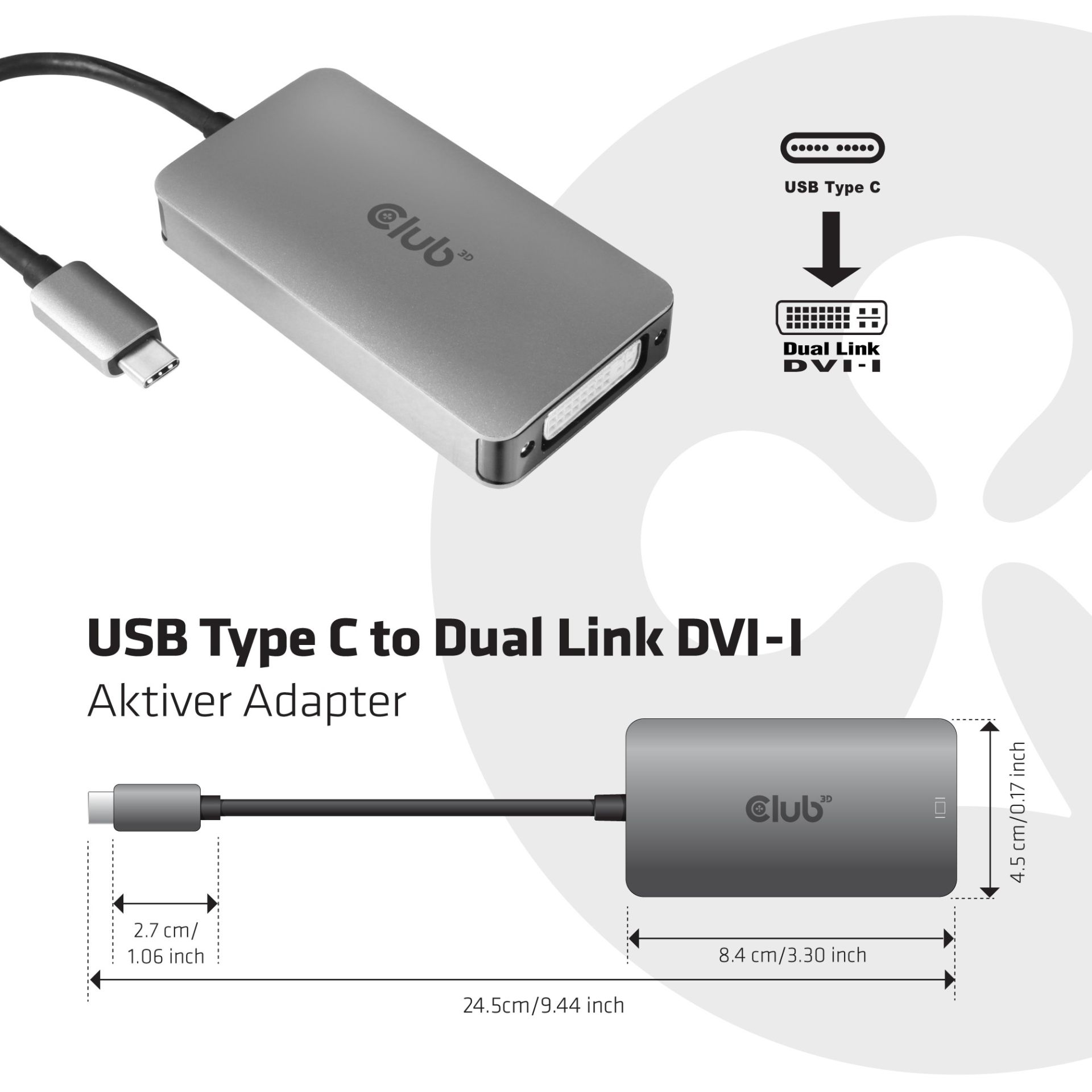 Club3D Adapter USB 3.2 Type‑C → DVI‑D / Aktiv / St–Bu - Figura 2