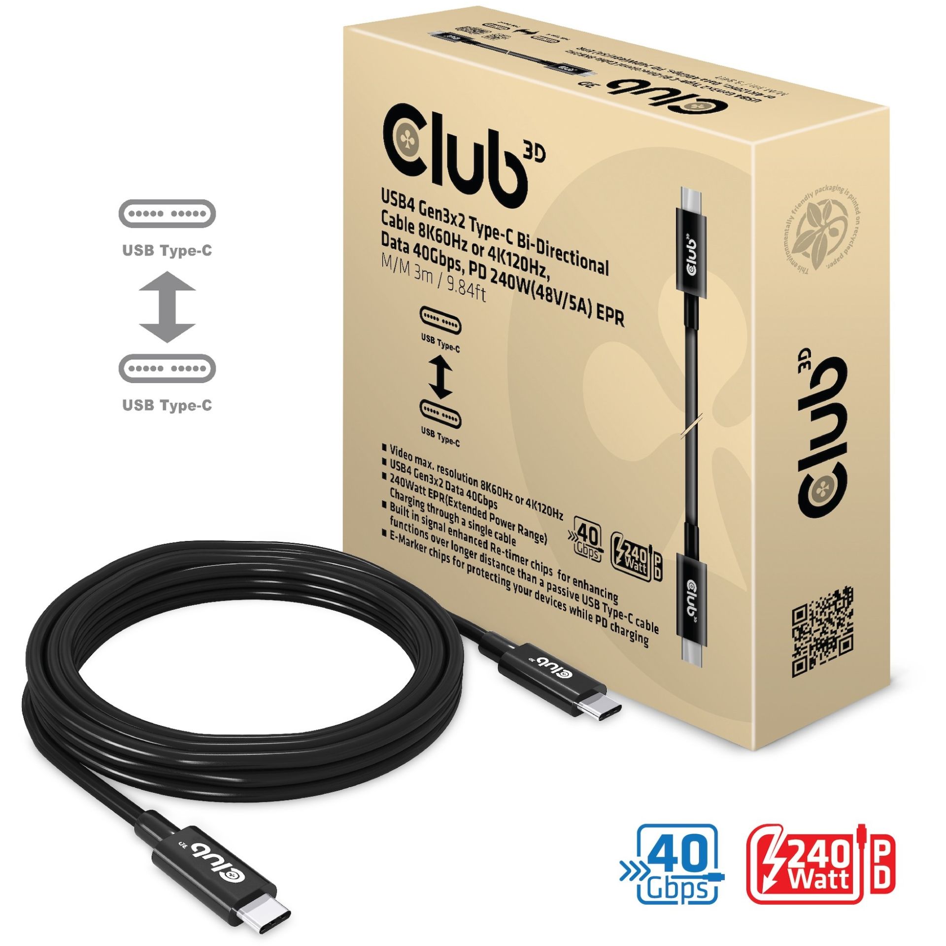Club3D Kabllo USB4 Type‑C / PD 240W / 40 Gbps / 8K / 3.0m / St–St - Figura 3