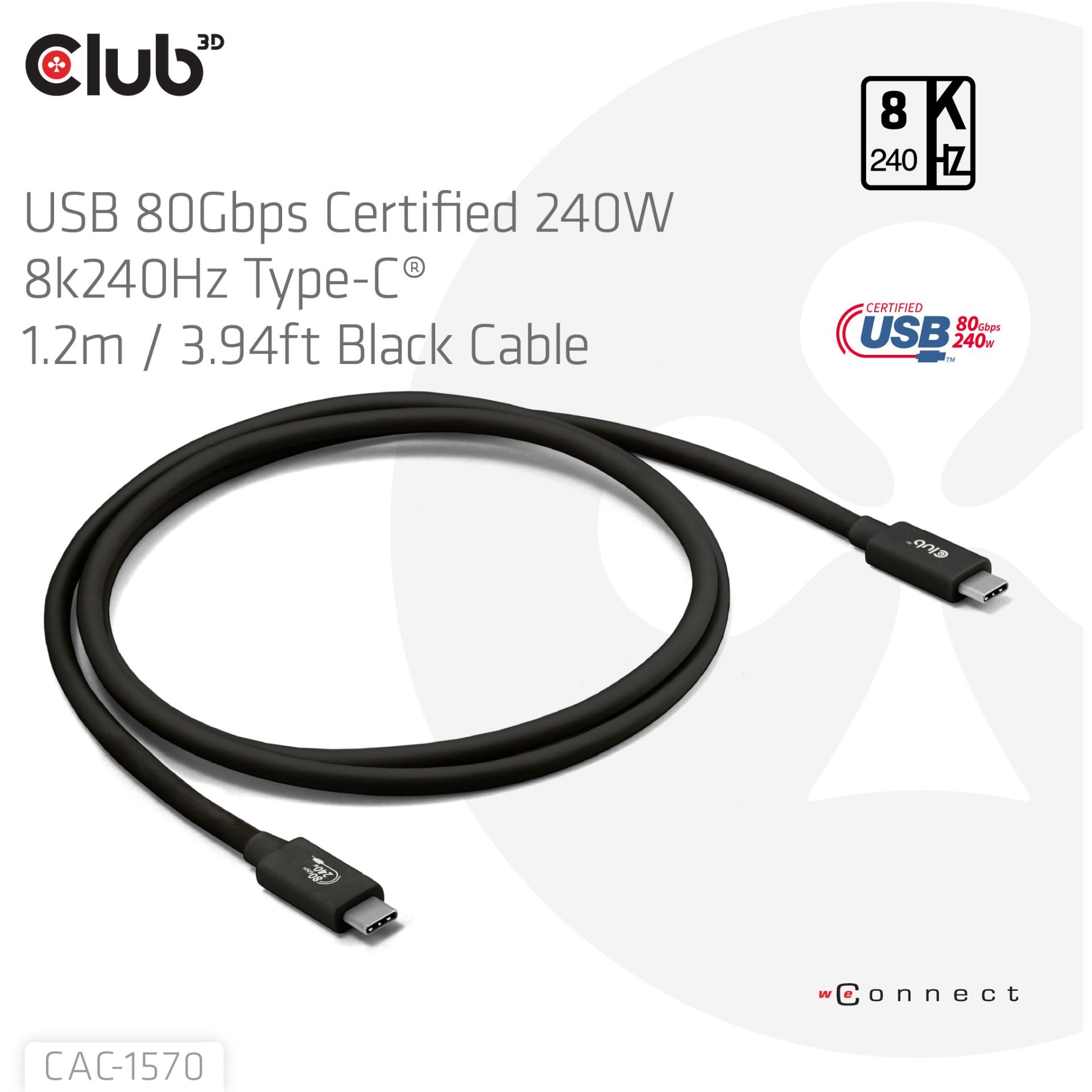 Club3D Kabllo USB‑C / 80 Gbps / PD 240W / 8K240Hz / 1.2m / St–St - Figura 2