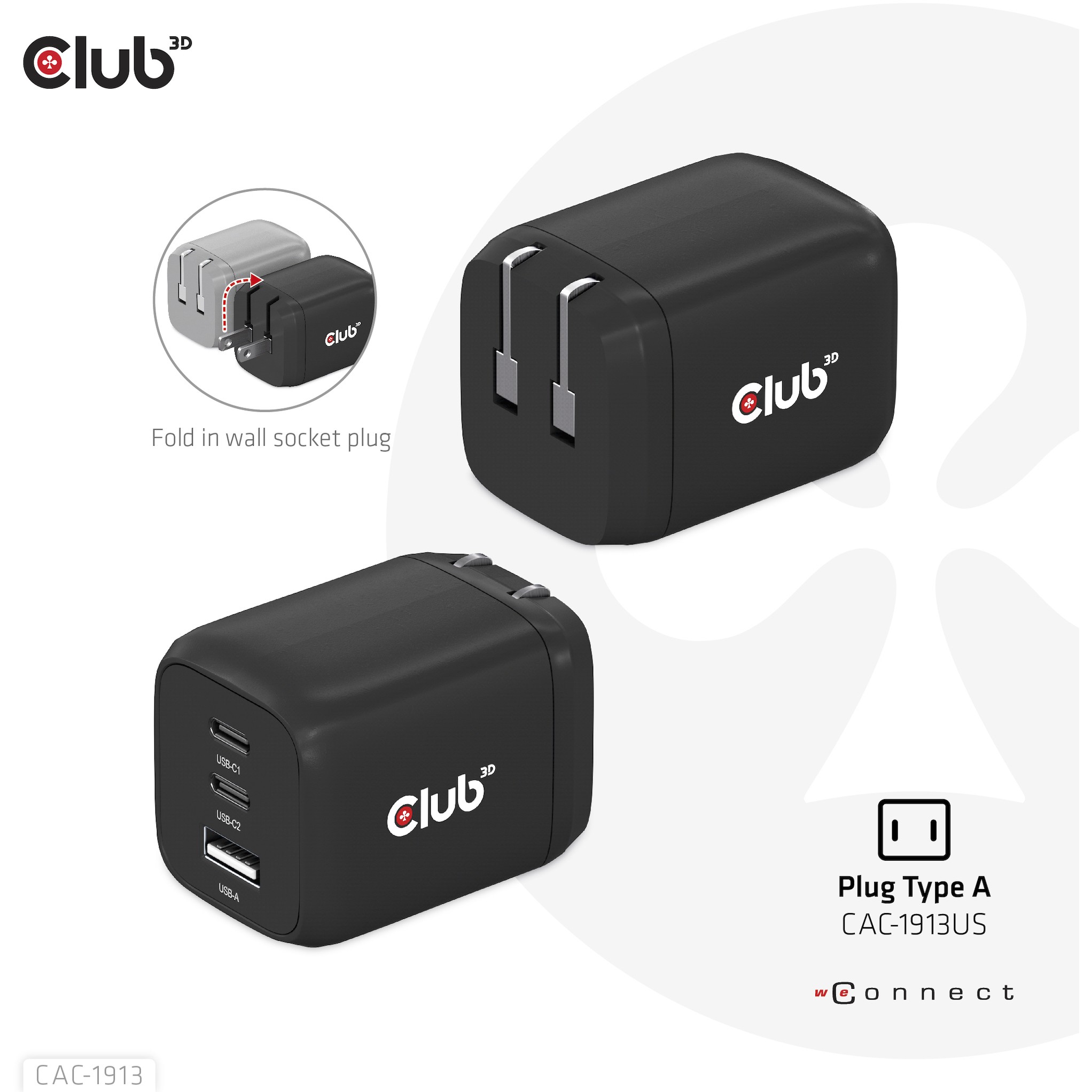 Adapter Club3D GaN Power Charger / 65W PD / 2× USB-C + 1× USB-A - Figura 2