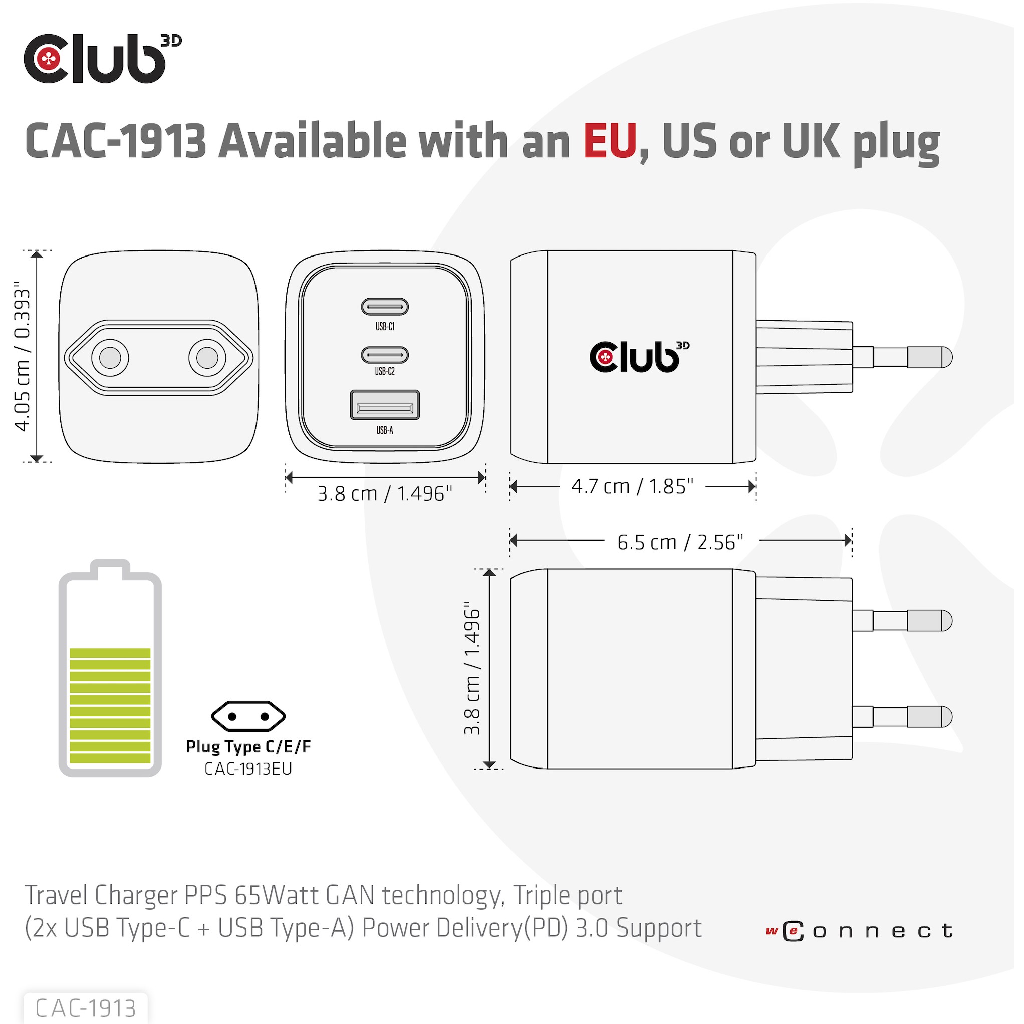 Adapter Club3D GaN Power Charger / 65W PD / 2× USB-C + 1× USB-A - Figura 3