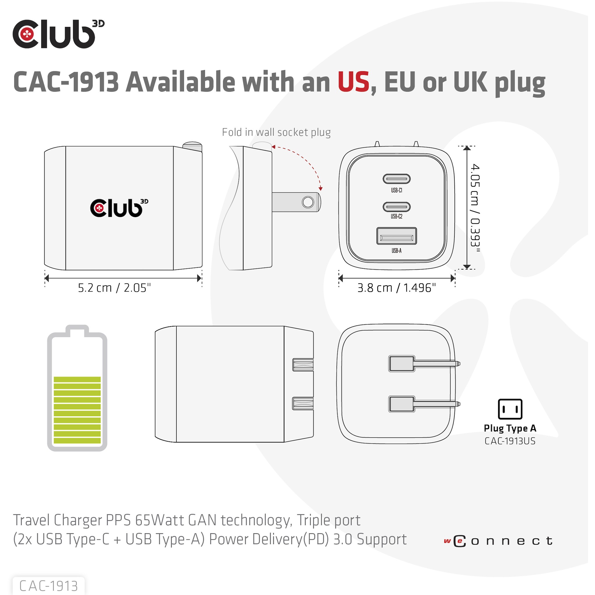 Adapter Club3D GaN Power Charger / 65W PD / 2× USB-C + 1× USB-A - Figura 4