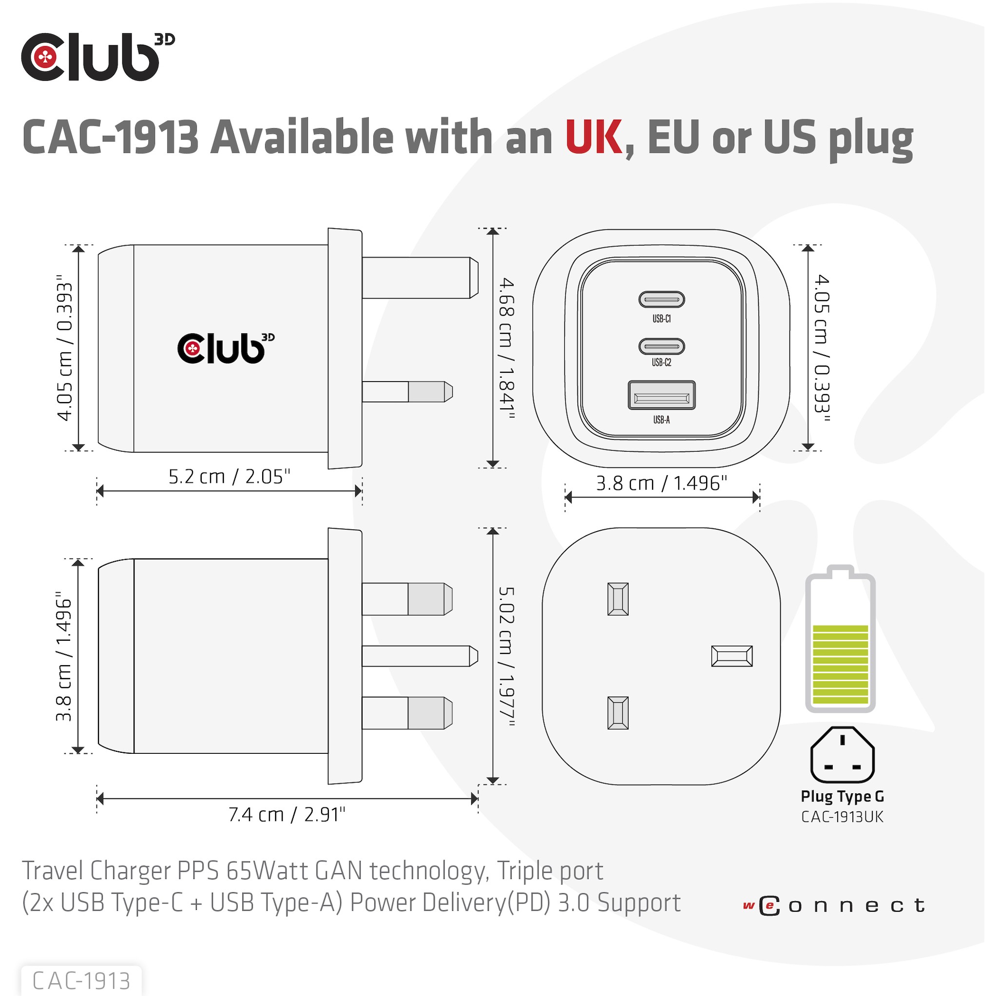 Adapter Club3D GaN Power Charger / 65W PD / 2× USB-C + 1× USB-A - Figura 5