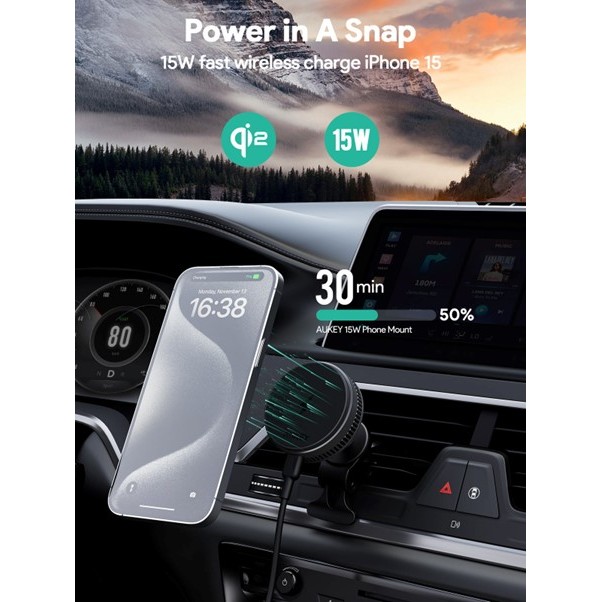 Aksesorë për telefon Aukey MagFusion Dash Pro MagSafe Wireless Charging Air Vent Mount - Zezë - Figura 5