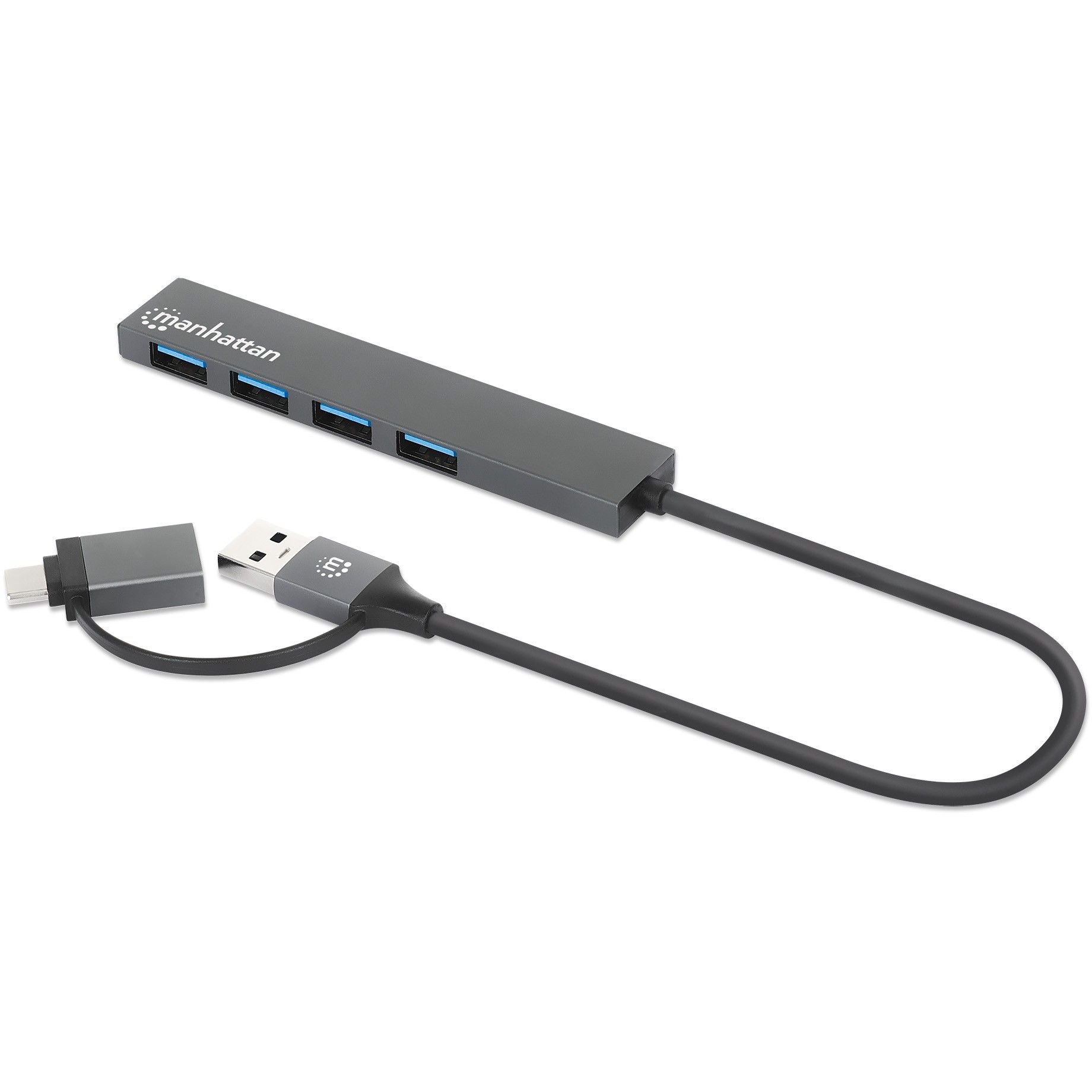HUB USB MANHATTAN / 3.0 / Typ‑C + Typ‑A / 4×A / Pasiv / 4‑Port / Gri