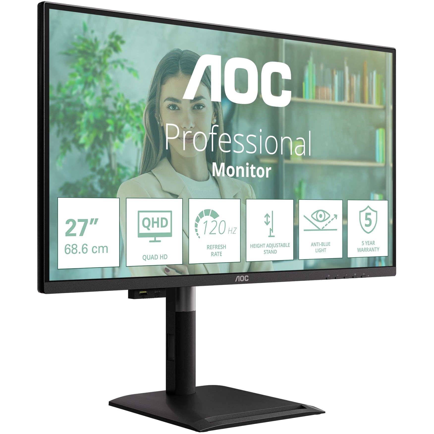 Monitor AOC Q27P4U / 27" / Wide Quad HD IPS / 120 Hz / 4ms / USB + USB-C + HDMI + DP - Zezë - Figura 2