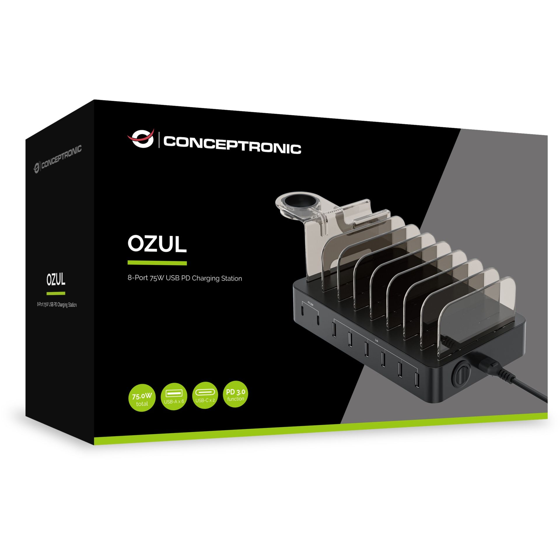 Conceptronic 8-Port USB Charger 6x USB-A / 2x USB-C – 75W PD / 3.0 – Zezë - Figura 4