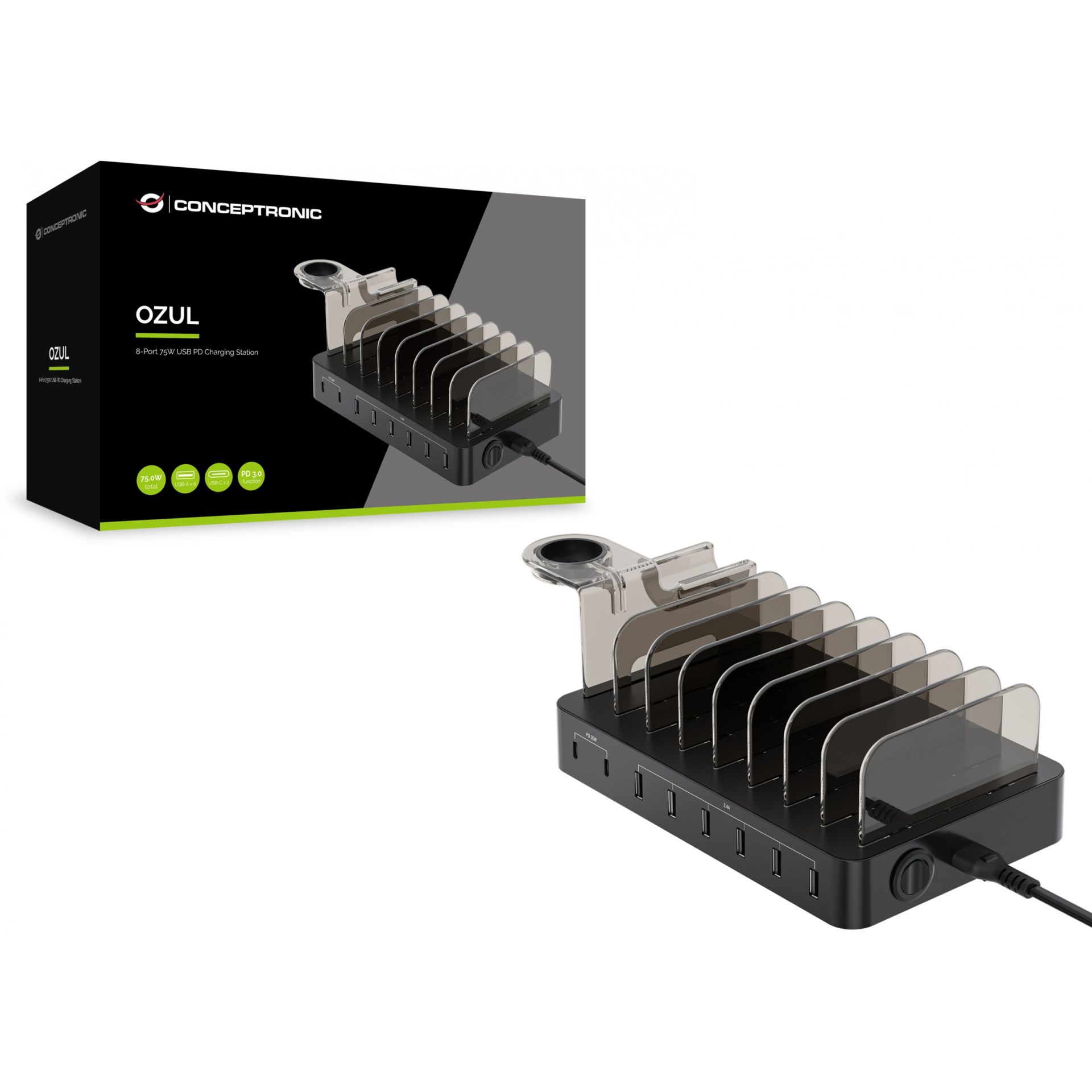 Conceptronic 8-Port USB Charger 6x USB-A / 2x USB-C – 75W PD / 3.0 – Zezë - Figura 2